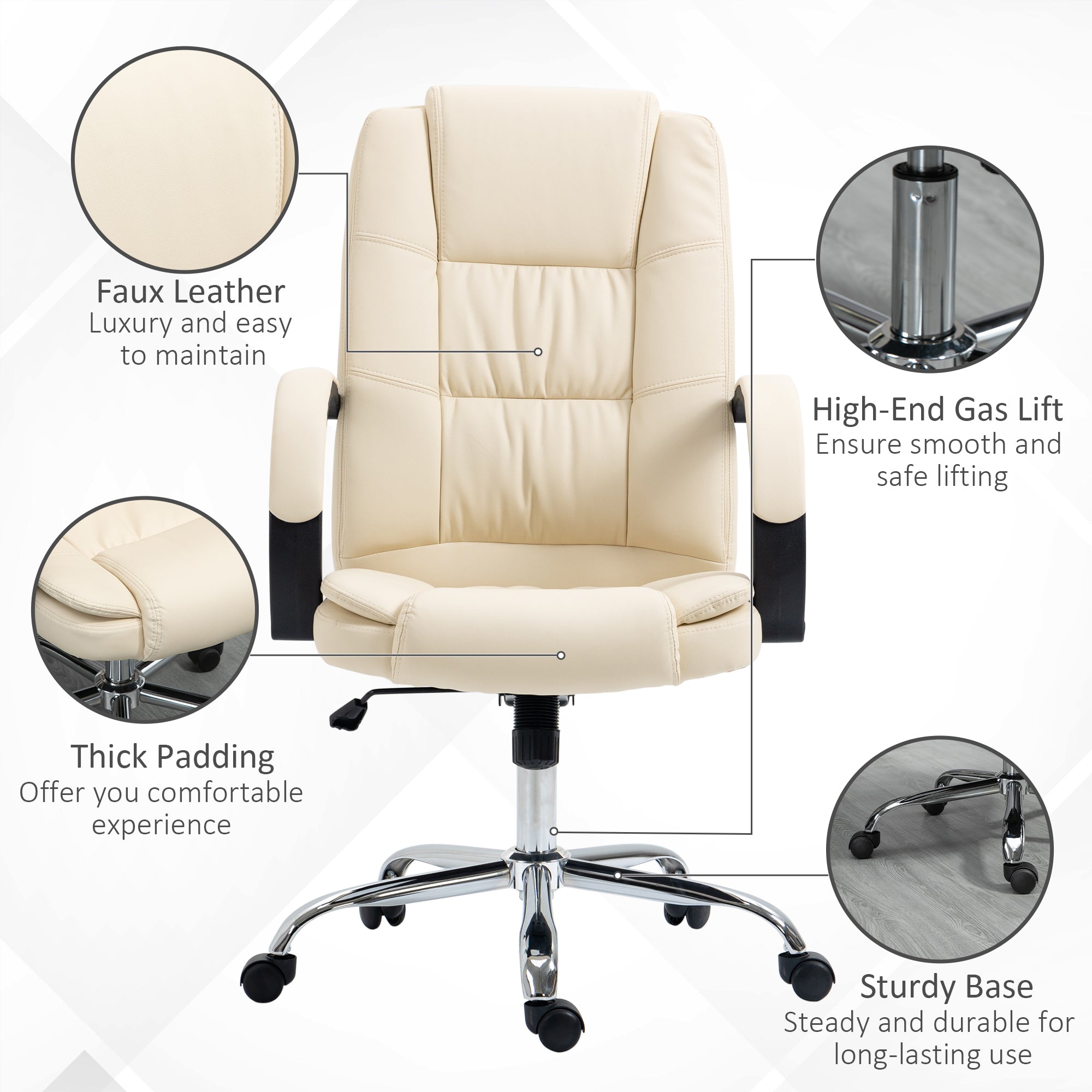 Vinsetto Office Chair, PU Leather Desk Chair with 13cm Soft Padded Seat and Backrest, Swivel Chair with Adjustable Height and Rolling Wheels, Beige - North Peak Garden Furniture