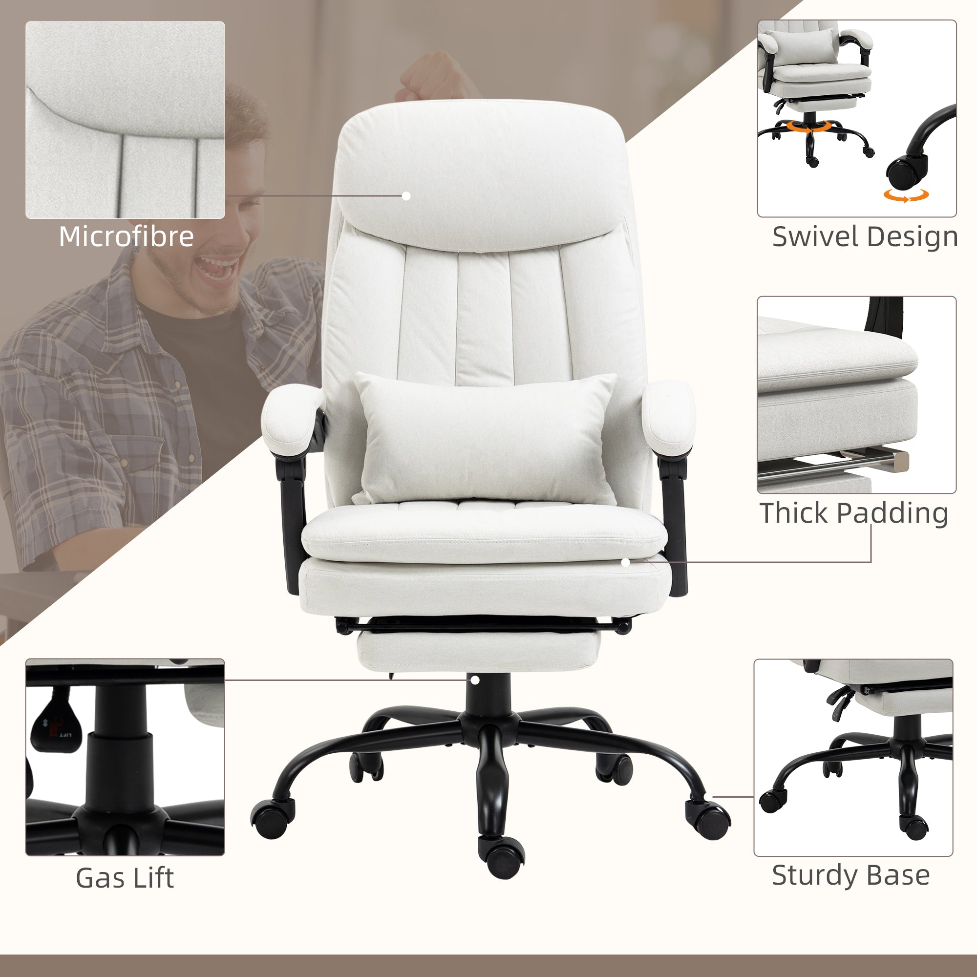 Vinsetto Office Chair, Ergonomic Desk Chair with 6-Point Vibration Massage and Lumbar Heating, Computer Chair with Lumbar Support Pillow, 155° Reclining Back and Footrest, Cream White - North Peak Garden Furniture