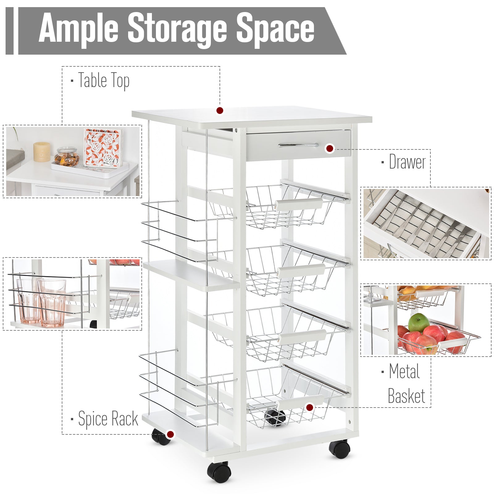 HOMCOM Rolling Kitchen Cart, Utility Storage Cart with 4 Basket Drawers & Side Racks, Wheels for Dining Room, White