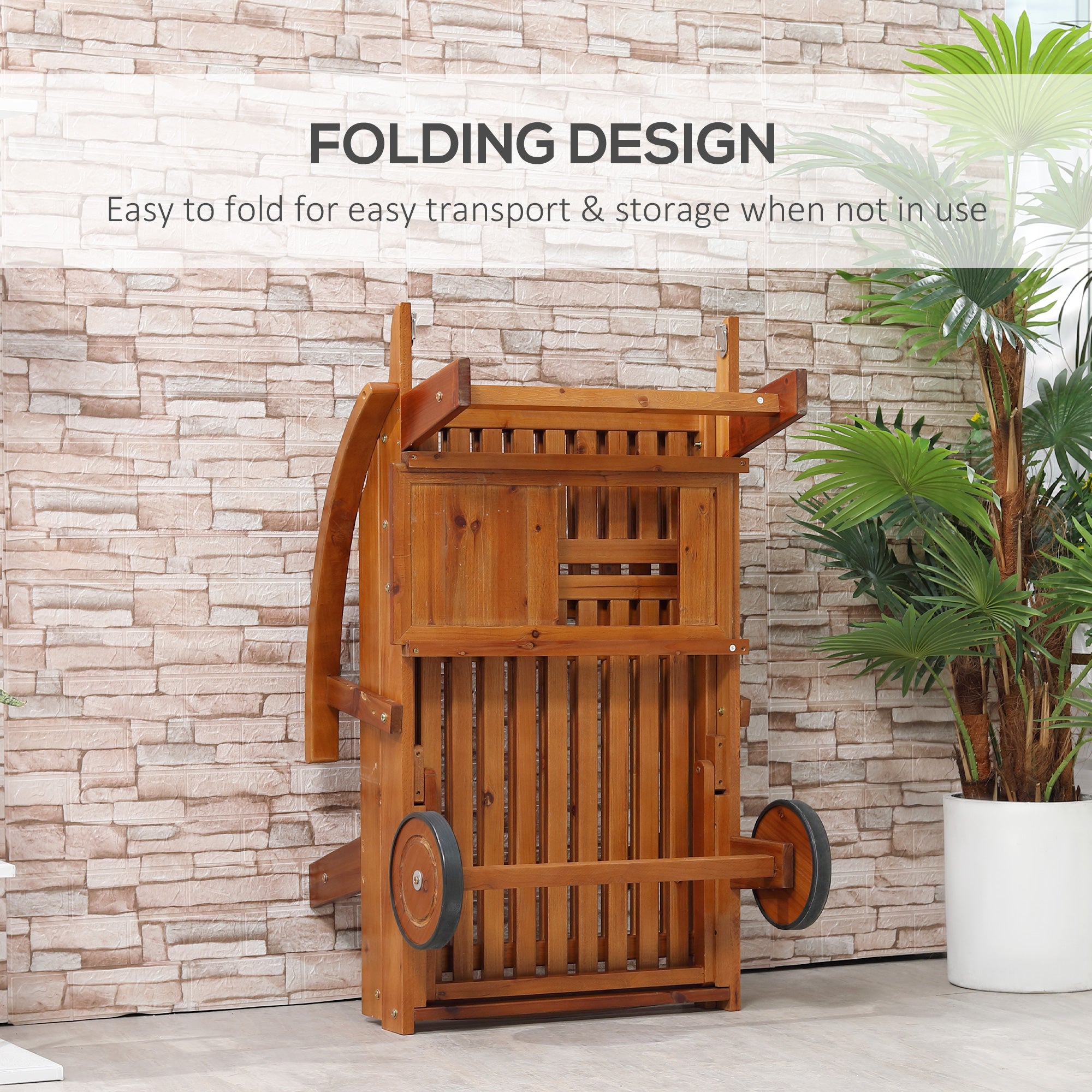Outsunny Folding Wooden Sun Lounger, 4-Level Adjustable Garden Lounger Recliner with Side Tray and Wheels, Outdoor Reclining Sunbed with Slatted Seat and Armrests for Patio, Terrace, Teak