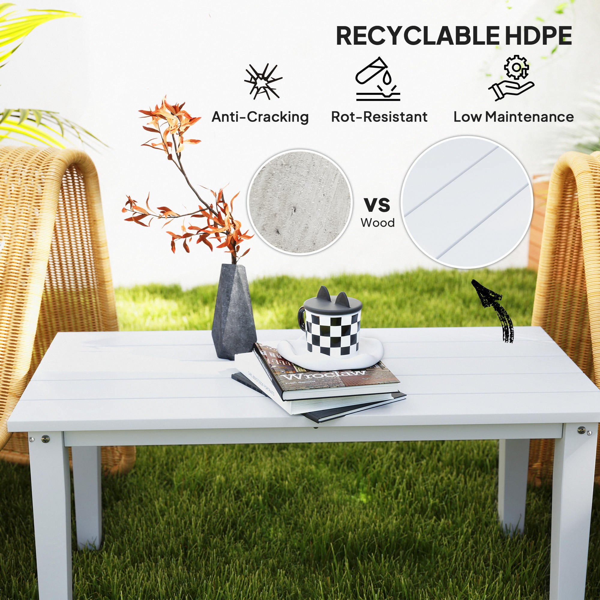 Outsunny Outdoor Garden Coffee Table, HDPE All-Weather Garden Table, Rectangular Outdoor Table with Slatted Tabletop for Patio, Balcony, 91 x 44 x 42 cm, White - North Peak Garden Furniture