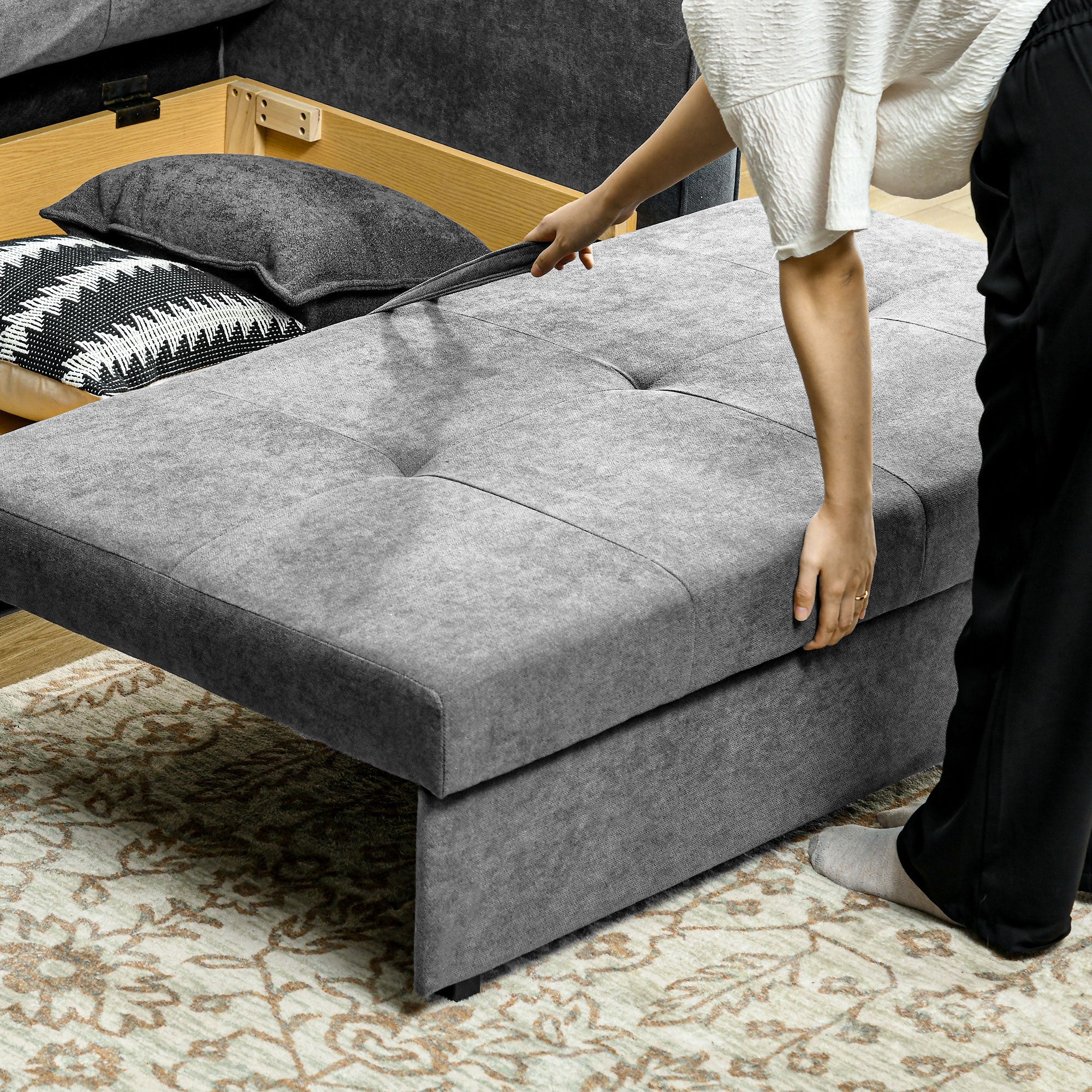 HOMCOM 2 Seater Sofa Bed, Convertible Bed Settee, Modern Fabric Loveseat Sofa Couch with 2 Cushions, Hidden Storage for Living Room, Guest Room, Light Grey - North Peak Garden Furniture