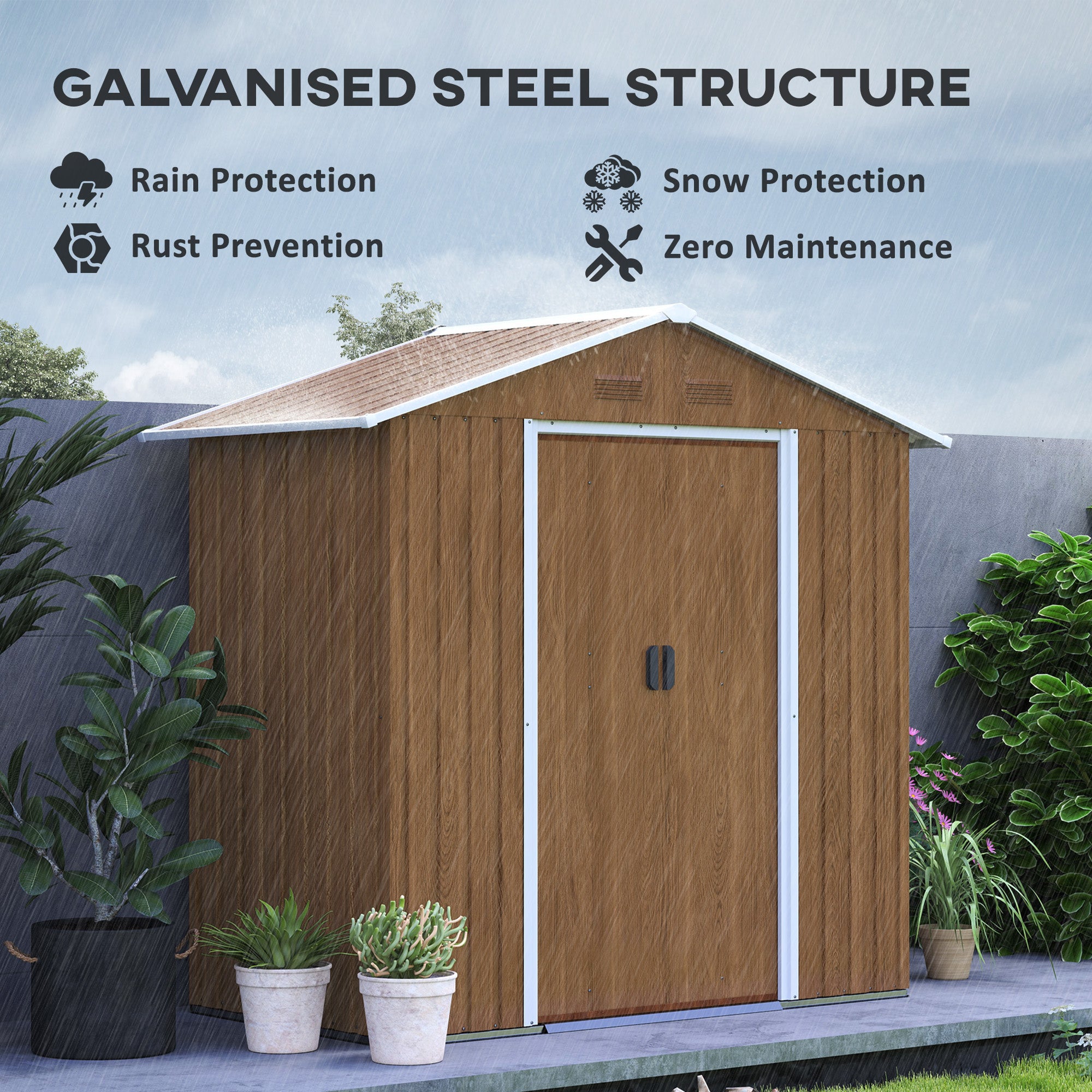 Outsunny 6.5 x 3.5ft Metal Garden Storage Shed - Brown Wood Effect - North Peak Garden Furniture