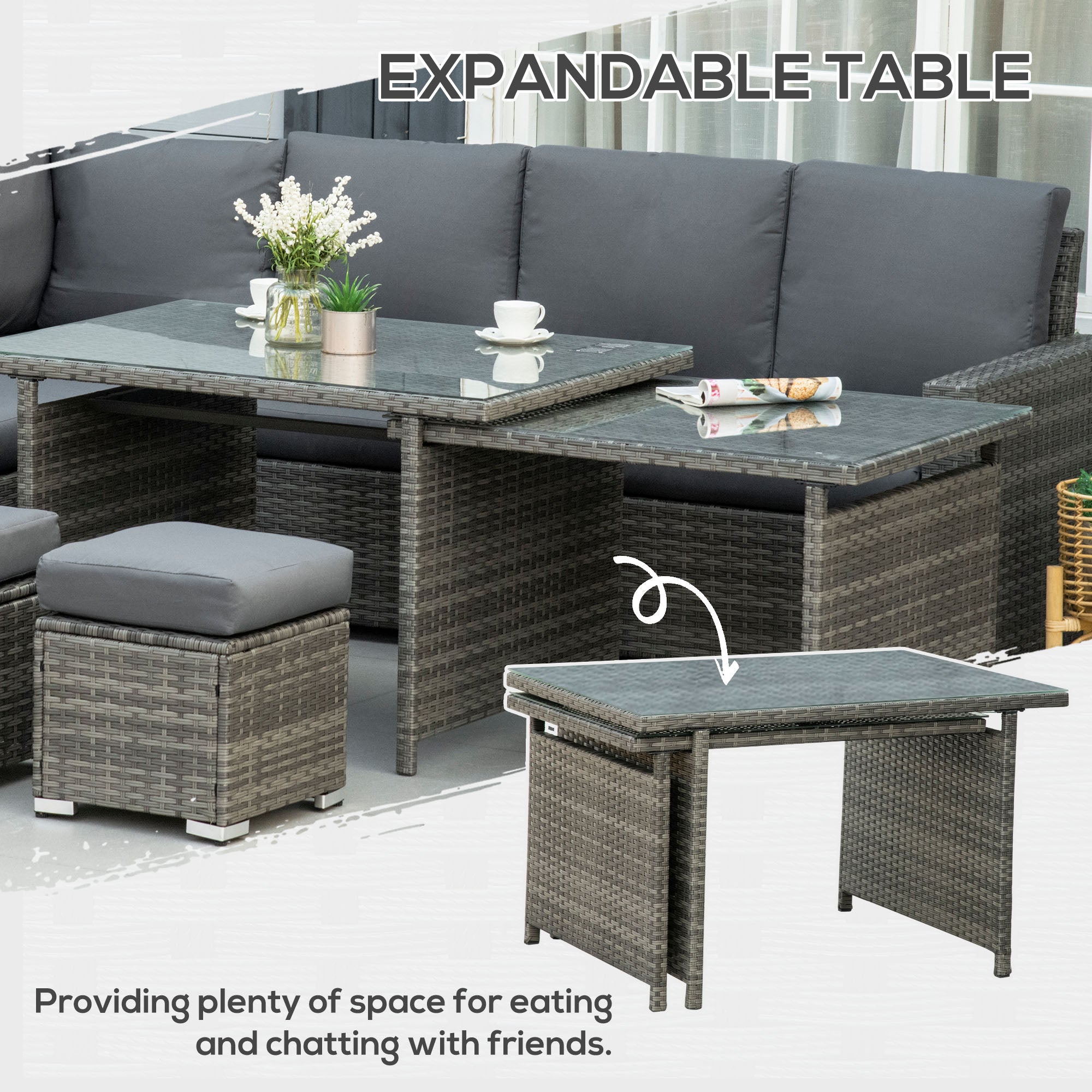 Outsunny Seven-Piece Rattan Garden Sofa Set, with Expanding Table - Grey - North Peak Garden Furniture