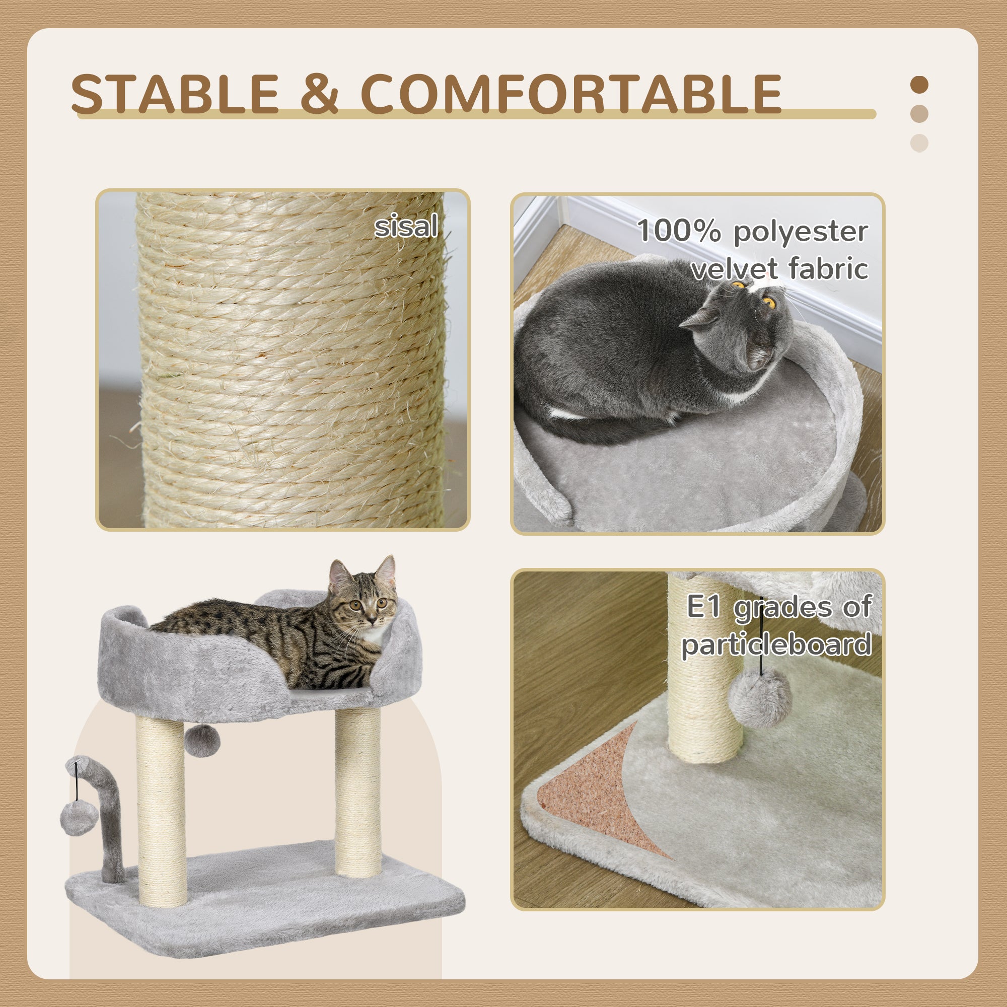 PawHut 42cm Indoor Cat Tree, with Toy Balls, Sisal Scratching Post - Light Grey - North Peak Garden Furniture