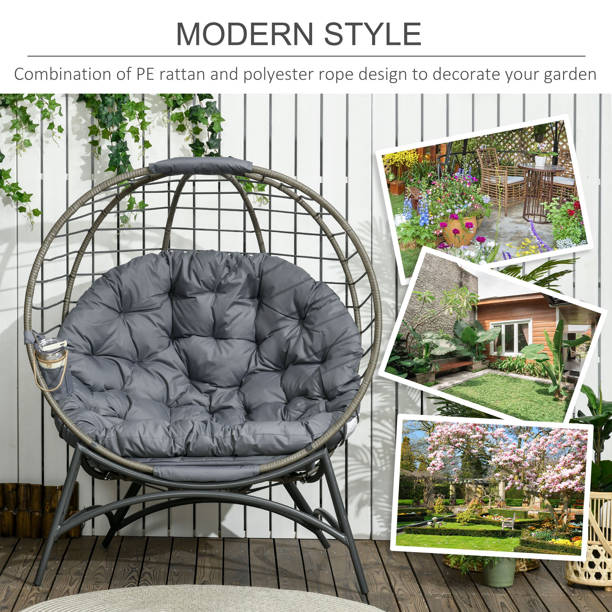 Outsunny Folding Rattan Egg Chair, Freestanding Basket Chair with Cushion, Bottle Holder Bag for Outdoor or Indoor, Grey - North Peak Garden Furniture