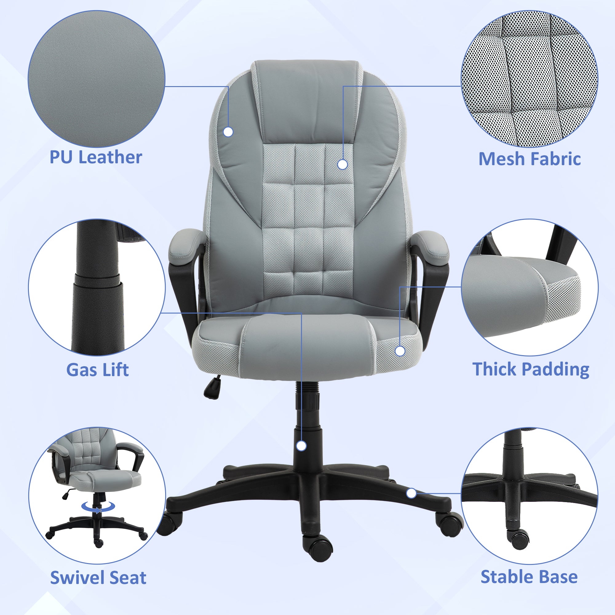 HOMCOM Faux Leather Office Chair - Grey - North Peak Garden Furniture