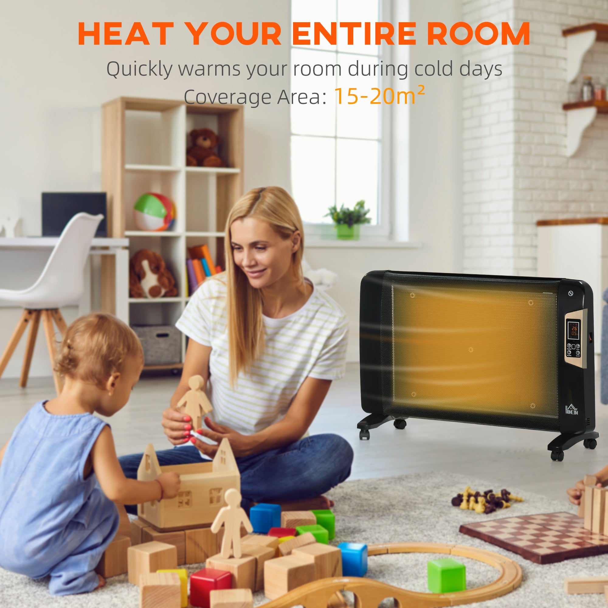 HOMCOM Mica Electric Space Heater, Portable Heater for Home with 2 Heat Settings, Living Room, Study, Garage, Adjustable Temperature 18-30°C, 1000W/2000W, Black - North Peak Garden Furniture