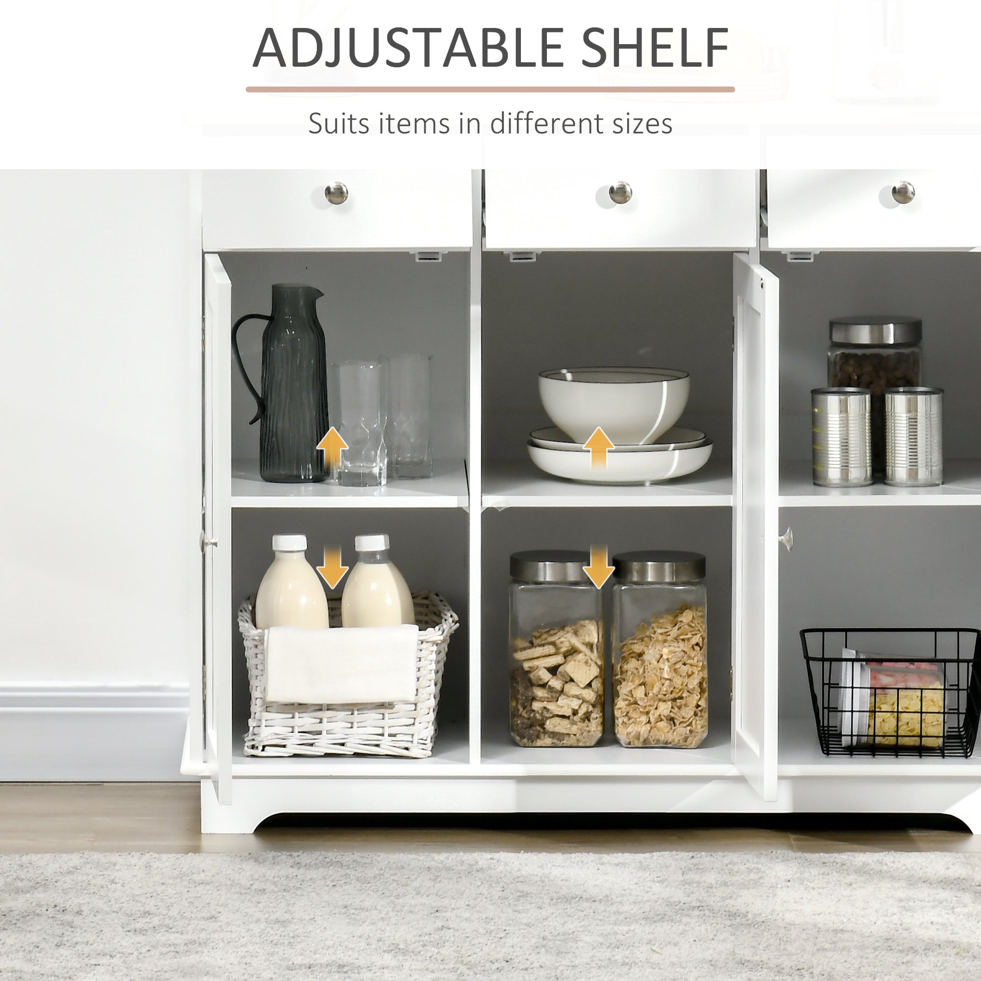 HOMCOM Modern Sideboard with Rubberwood Top, Buffet Cabinet with Storage Cabinets, Drawers and Adjustable Shelves for Living Room, Kitchen, White - North Peak Garden Furniture
