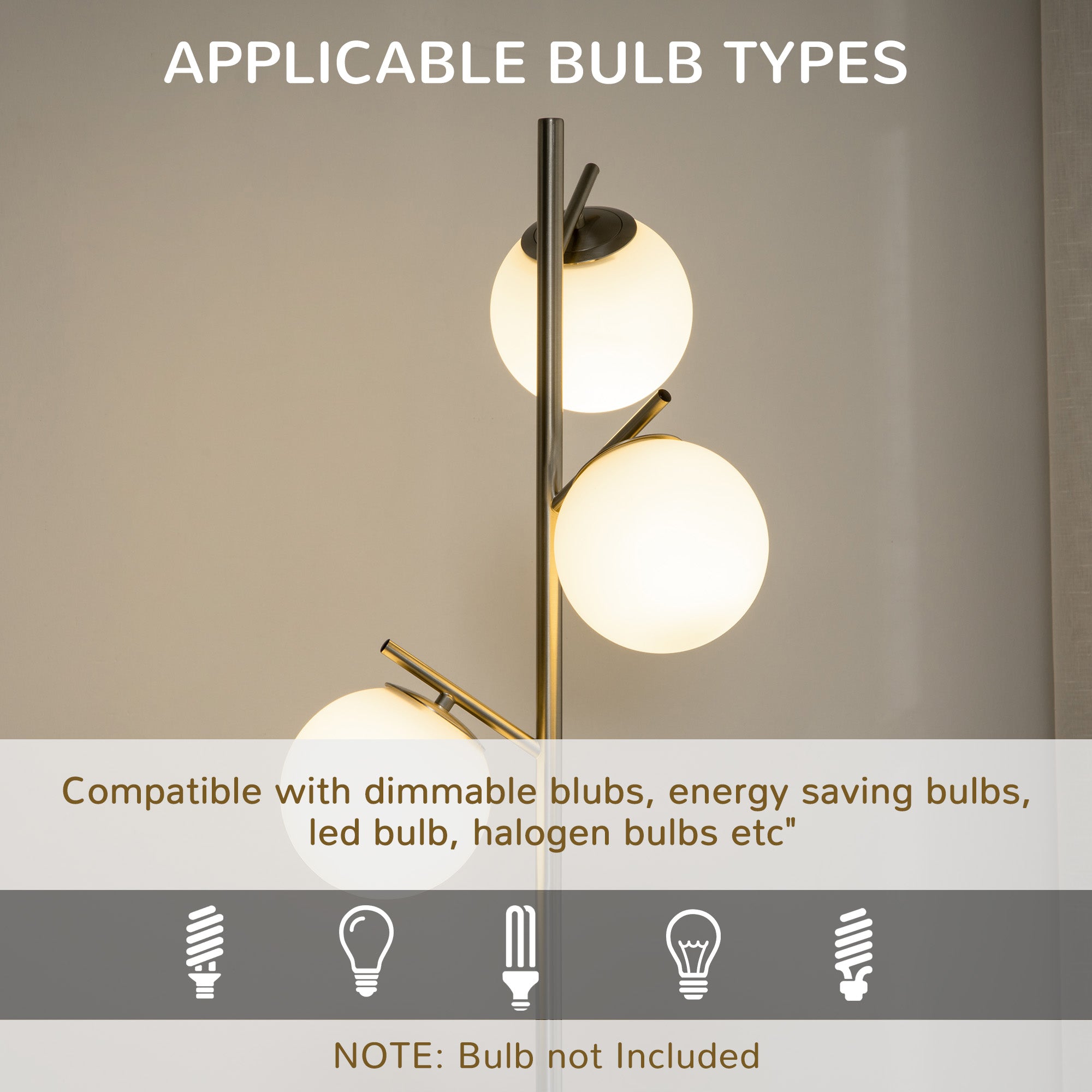 HOMCOM 3-Light Tree Floor Lamps for Living Room, Modern Standing Lamp for Bedroom with Globe Lampshade, Steel Base, Bulb not Included, Silver - North Peak Garden Furniture