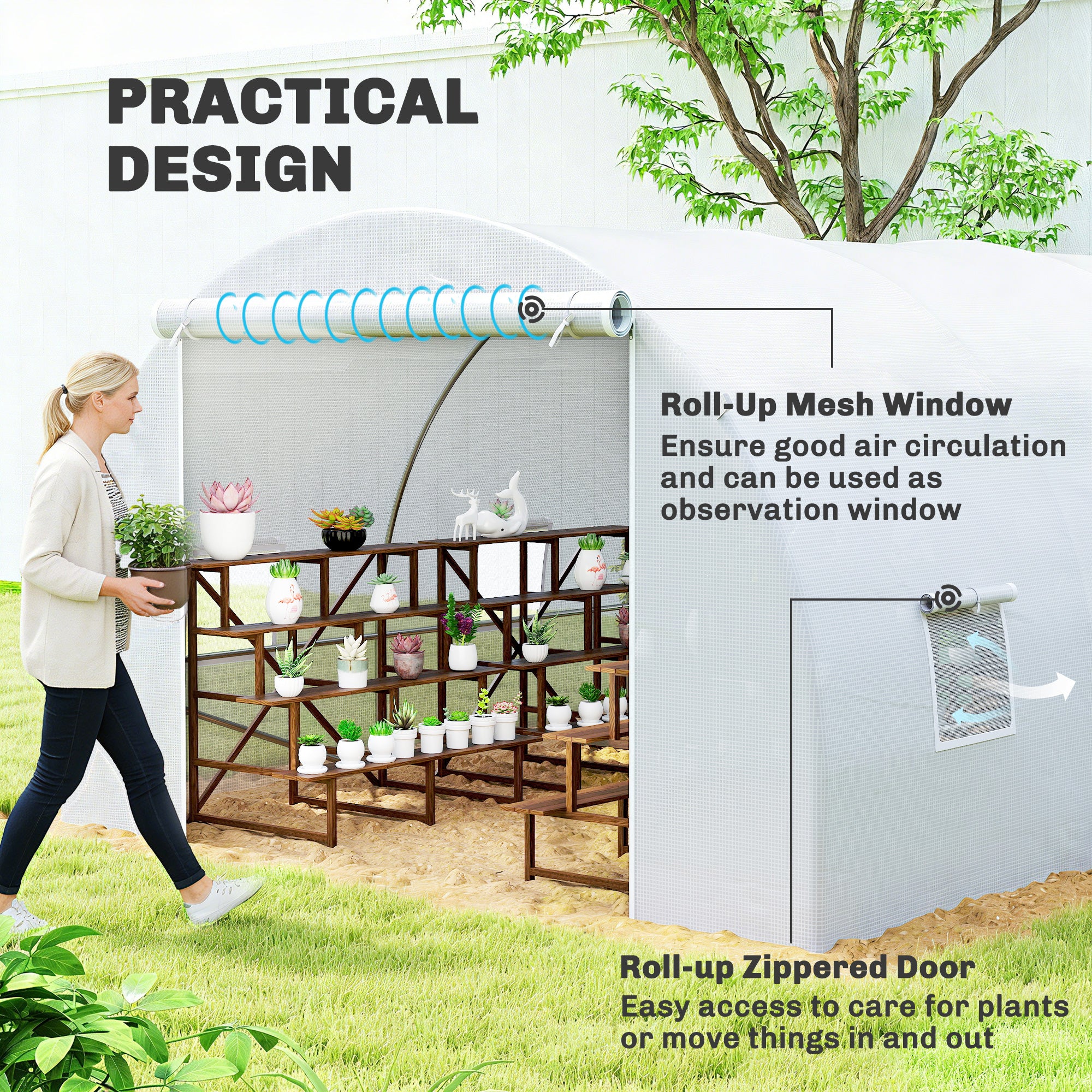 Outsunny 6 x 3 x 2 m Polytunnel Greenhouse, Walk in Polytunnel Tent with Metal Frame, Zippered Door and 8 Windows for Garden and Backyard, White