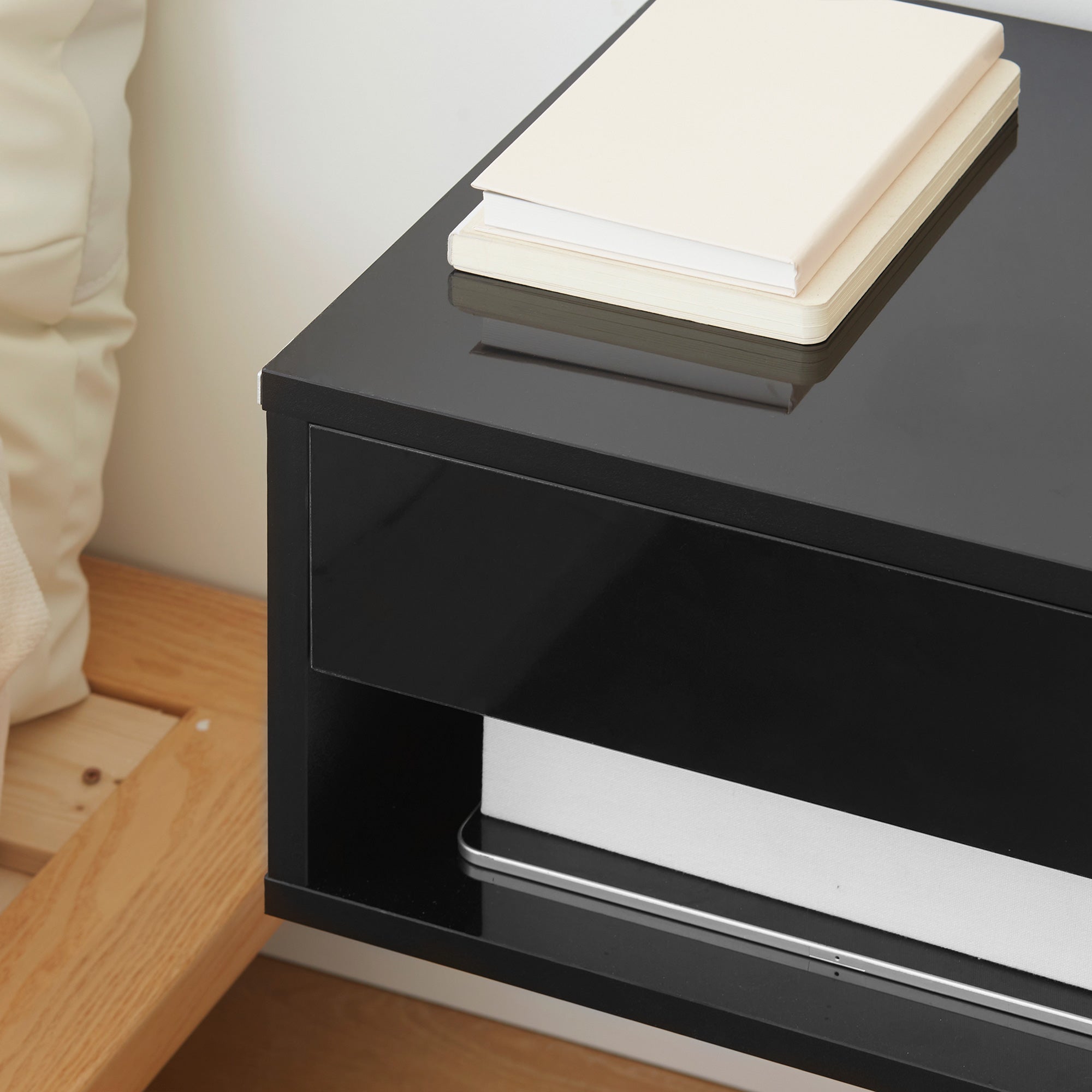 HOMCOM 2 Pieces Bedside Table Wall Mounted Nightstand with Drawer and Shelf for Bedroom, 37 x 32 x 21cm, High Gloss Black - North Peak Garden Furniture