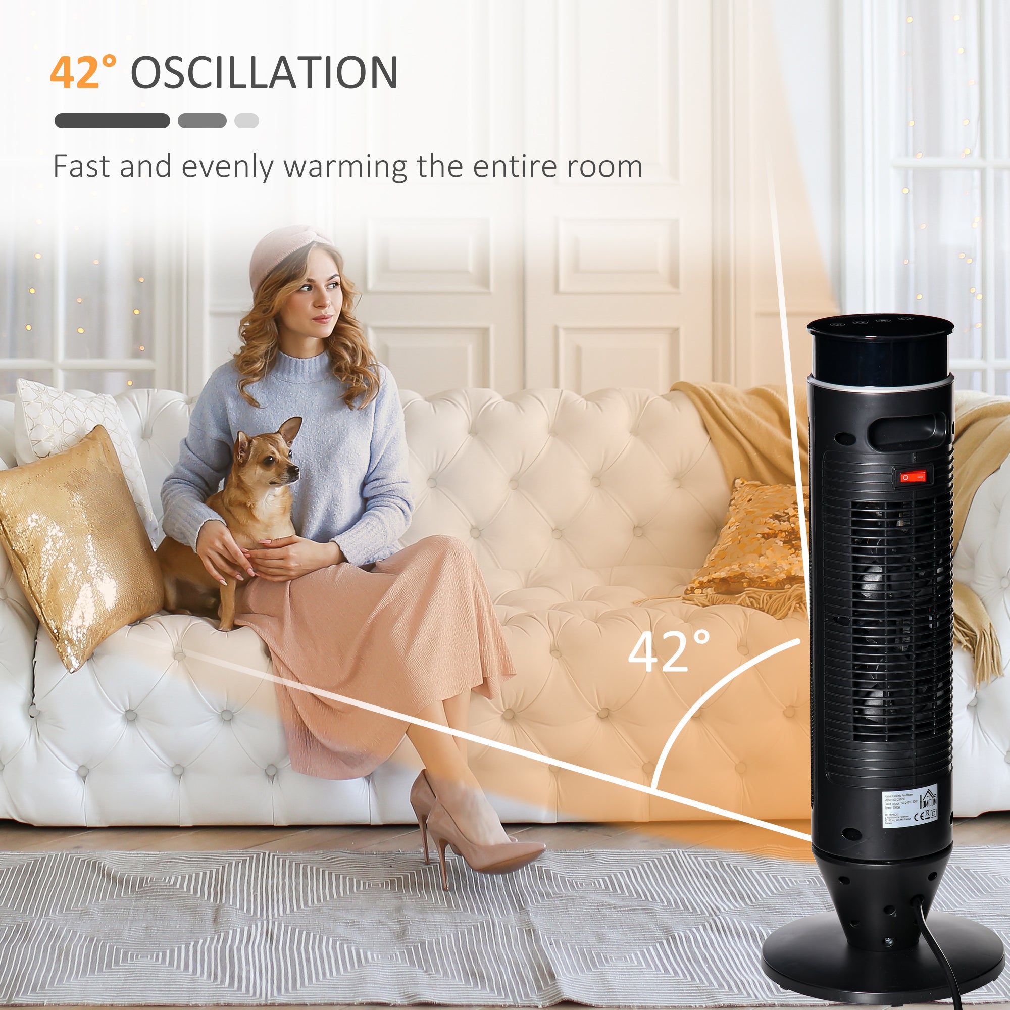 HOMCOM 21 Inch Space Heater, 1000W/2000W Ceramic Electric Heater and Fan, Overheating & Tip-Over Protection, 8H Timer, 42° Oscillation, Portable Heater for Home