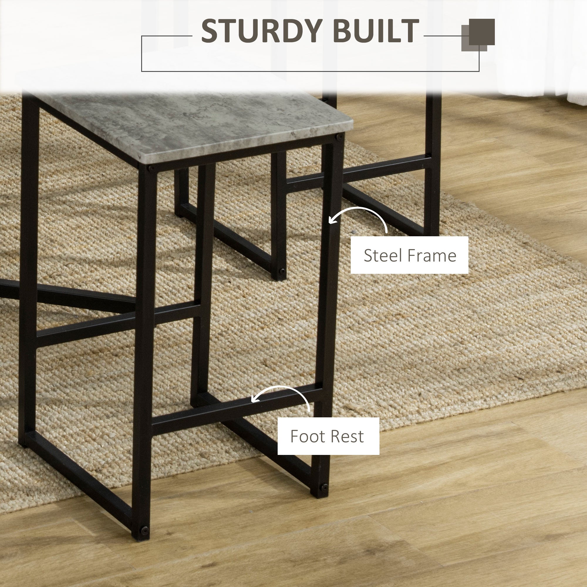 HOMCOM 5pc Bar Table Set, Square Dining Table Set for 4 People, Home Kitchen Breakfast Bar Set with Steel Frame and Footrest, Concrete Grey - North Peak Garden Furniture