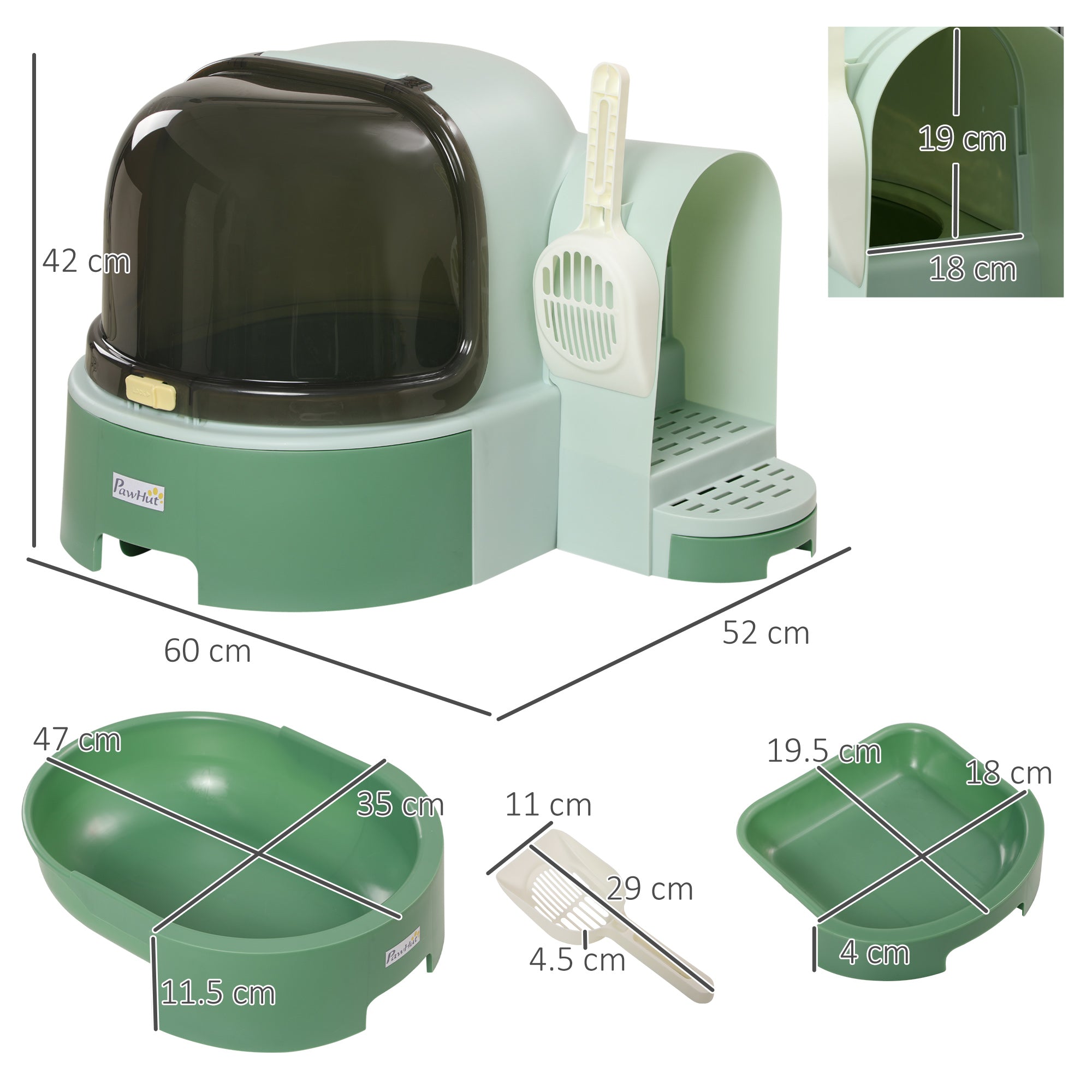 PawHut 2 in 1 Cat Litter Box, with Drawer Pans, Scoop, Openable Cover - Green - North Peak Garden Furniture
