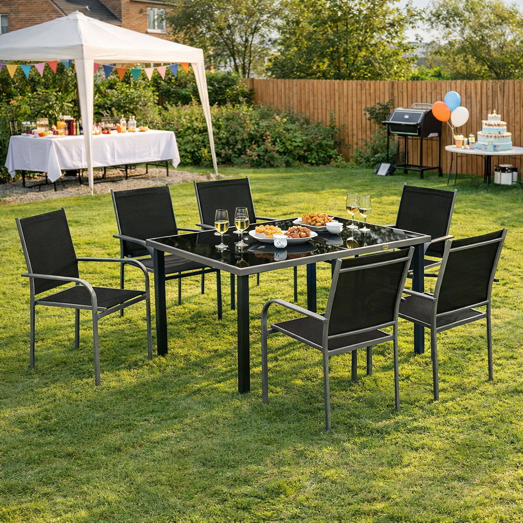 Outsunny 7 Piece Outdoor Garden Dining Set with Table and 6 Stackable Chairs, Steel Frame, Tempered Glass Top, Mesh Seats, Black