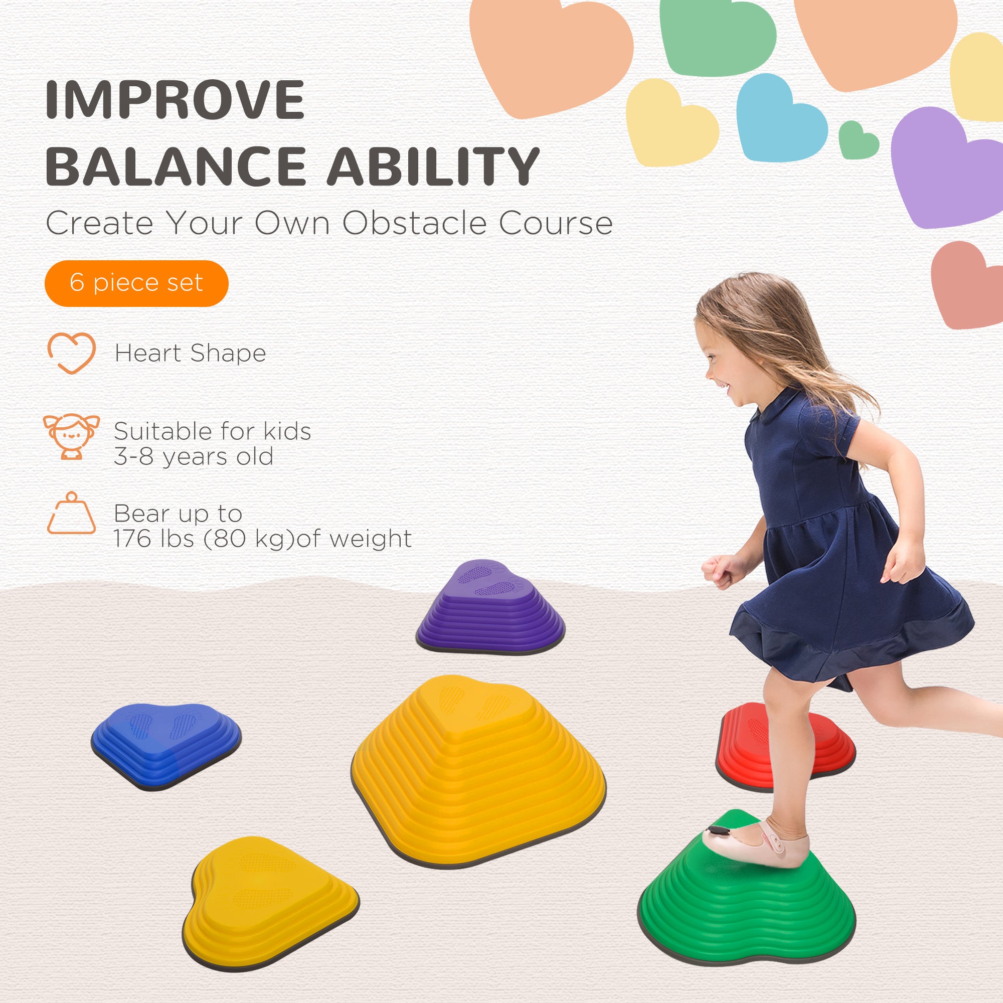 AIYAPLAY 6-Piece Heart-Shaped Kids Balance Stepping Stones and Motor Skills, Multicoloured