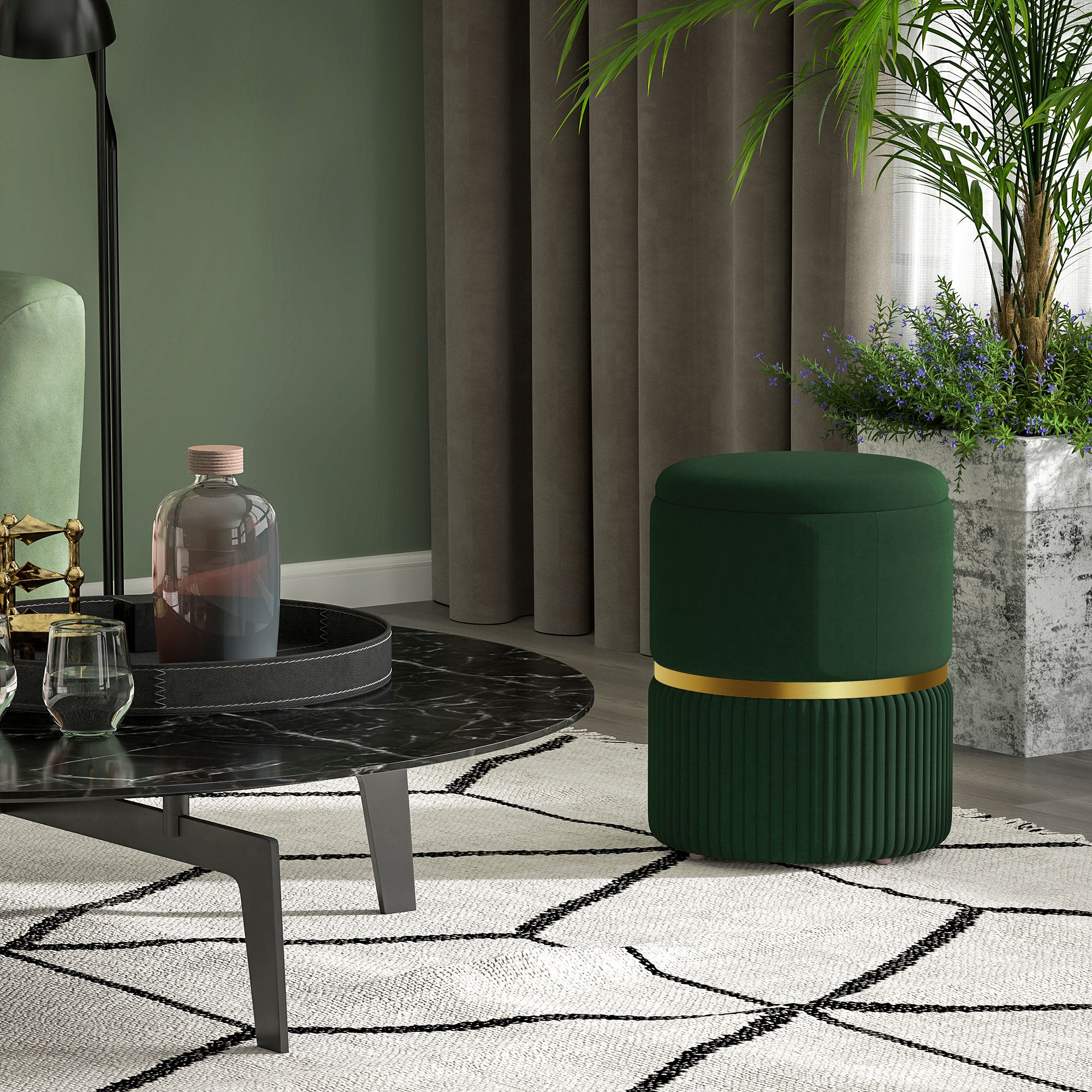 HOMCOM Velvet-Feel Storage Ottoman - Green - North Peak Garden Furniture