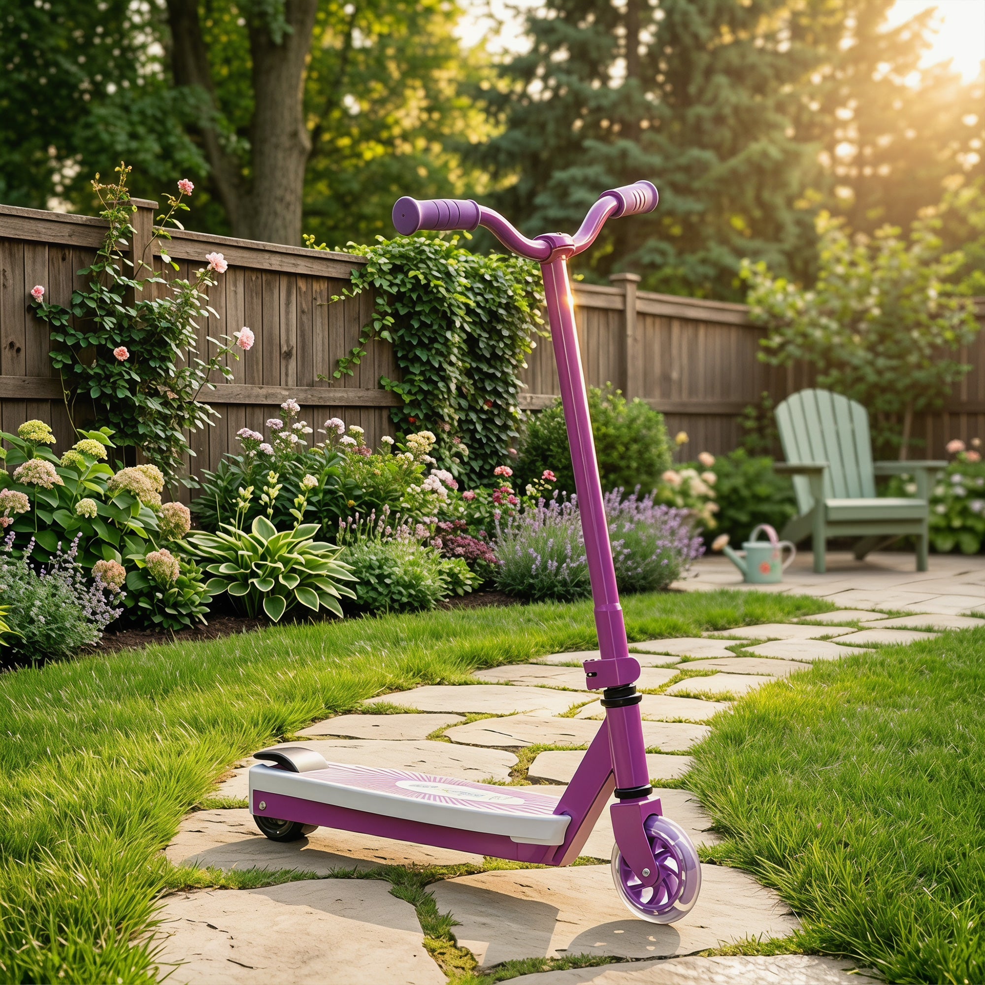 AIYAPLAY Electric Scooter for Kids Aged 4-7 Years, with Flashing LED Lights, Rear Auxiliary Wheels, Purple