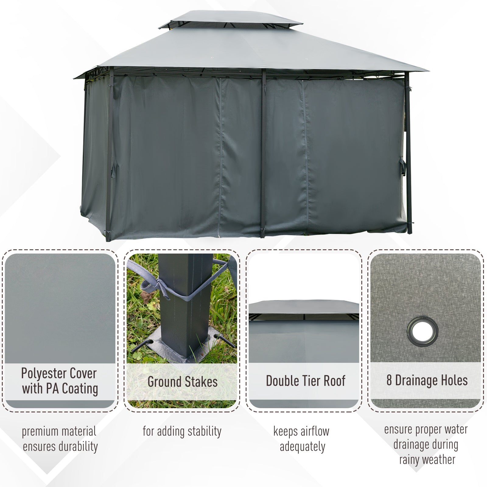 Outsunny 4m x 3(m)Garden Gazebo, Double Roof Outdoor Gazebo Canopy Shelter with Curtains, Solid Steel Frame for Lawn and Deck, Grey - North Peak Garden Furniture