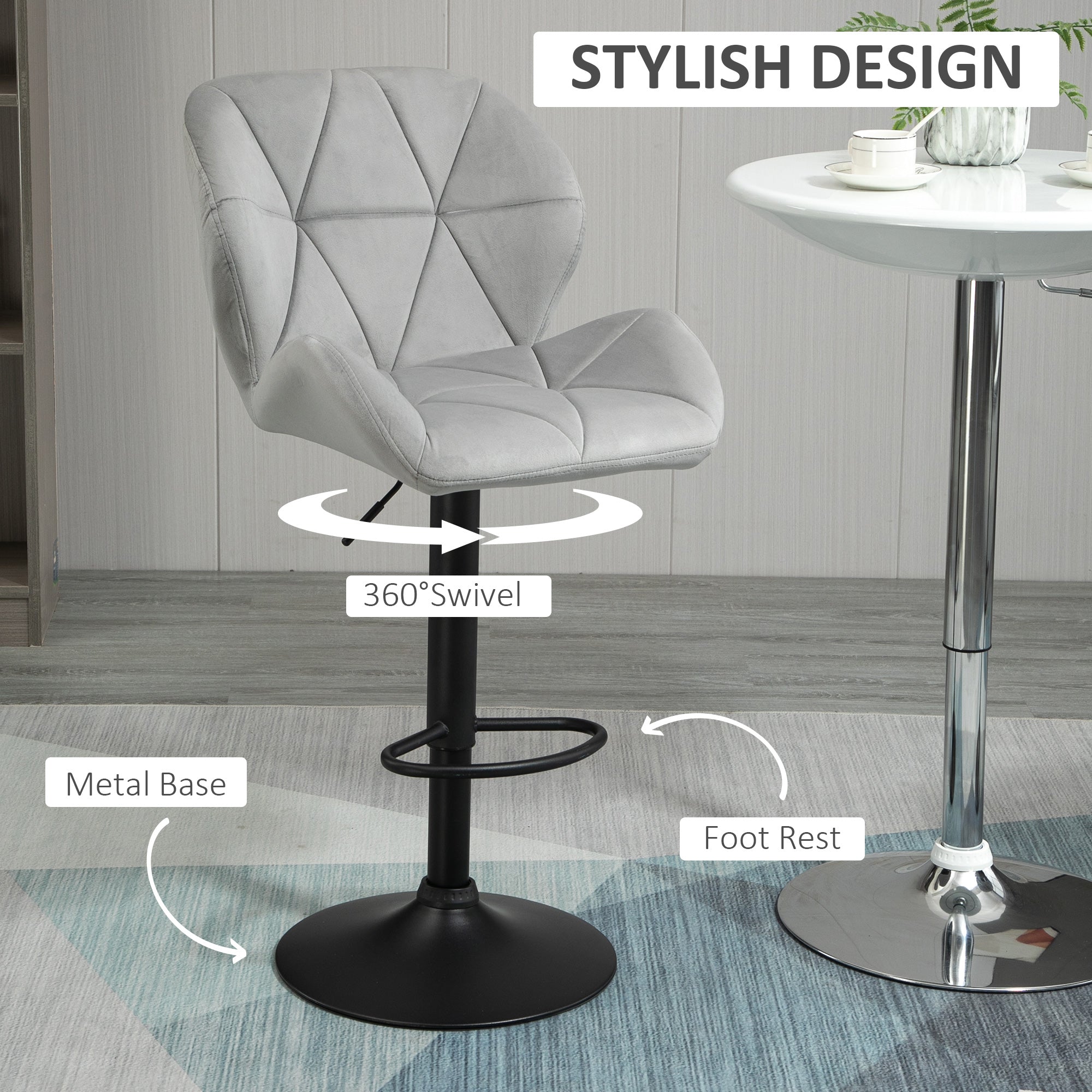 HOMCOM Adjustable Bar Stools Set of 2, Armless Upholstered Swivel Counter Chairs, Barstools with Back, Footrest, Light Grey - North Peak Garden Furniture