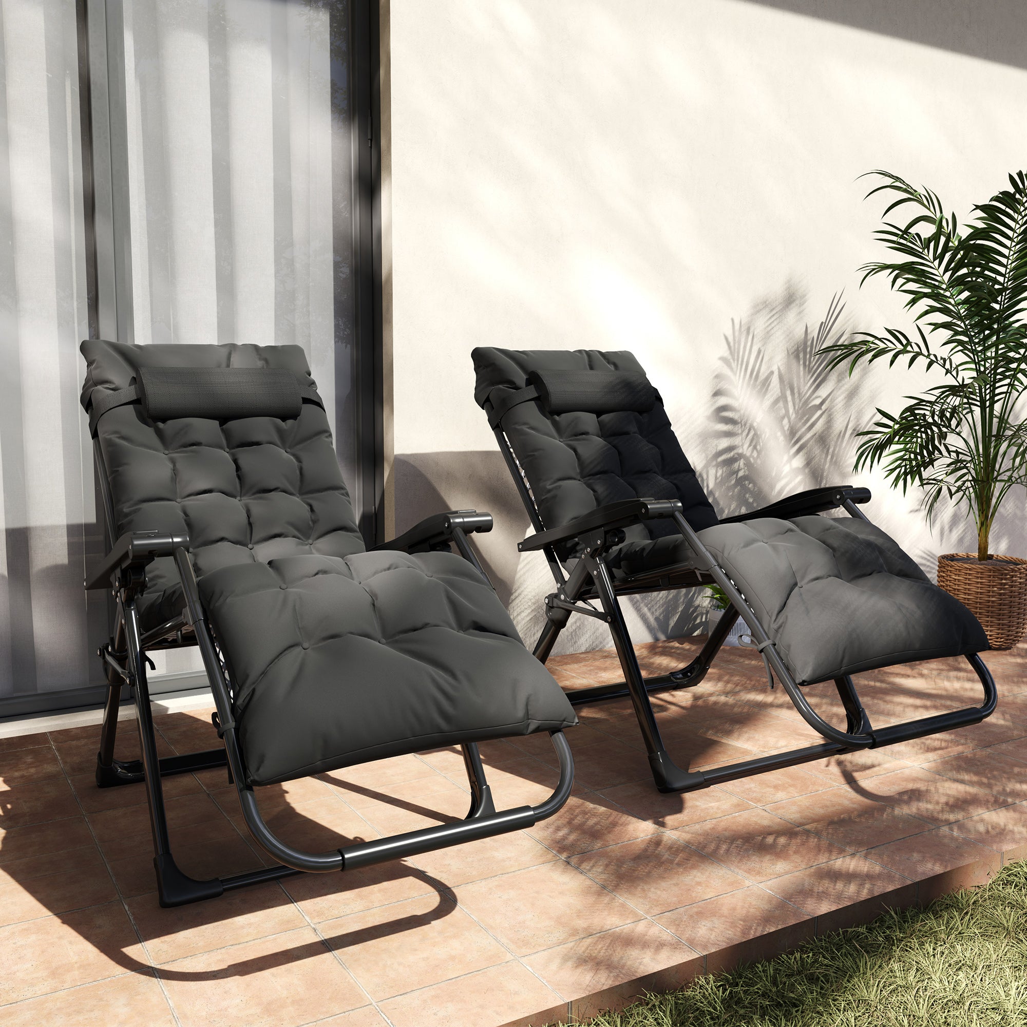 Outsunny 2 Piece Reclining Zero Gravity Sun Loungers with Cushions, Black