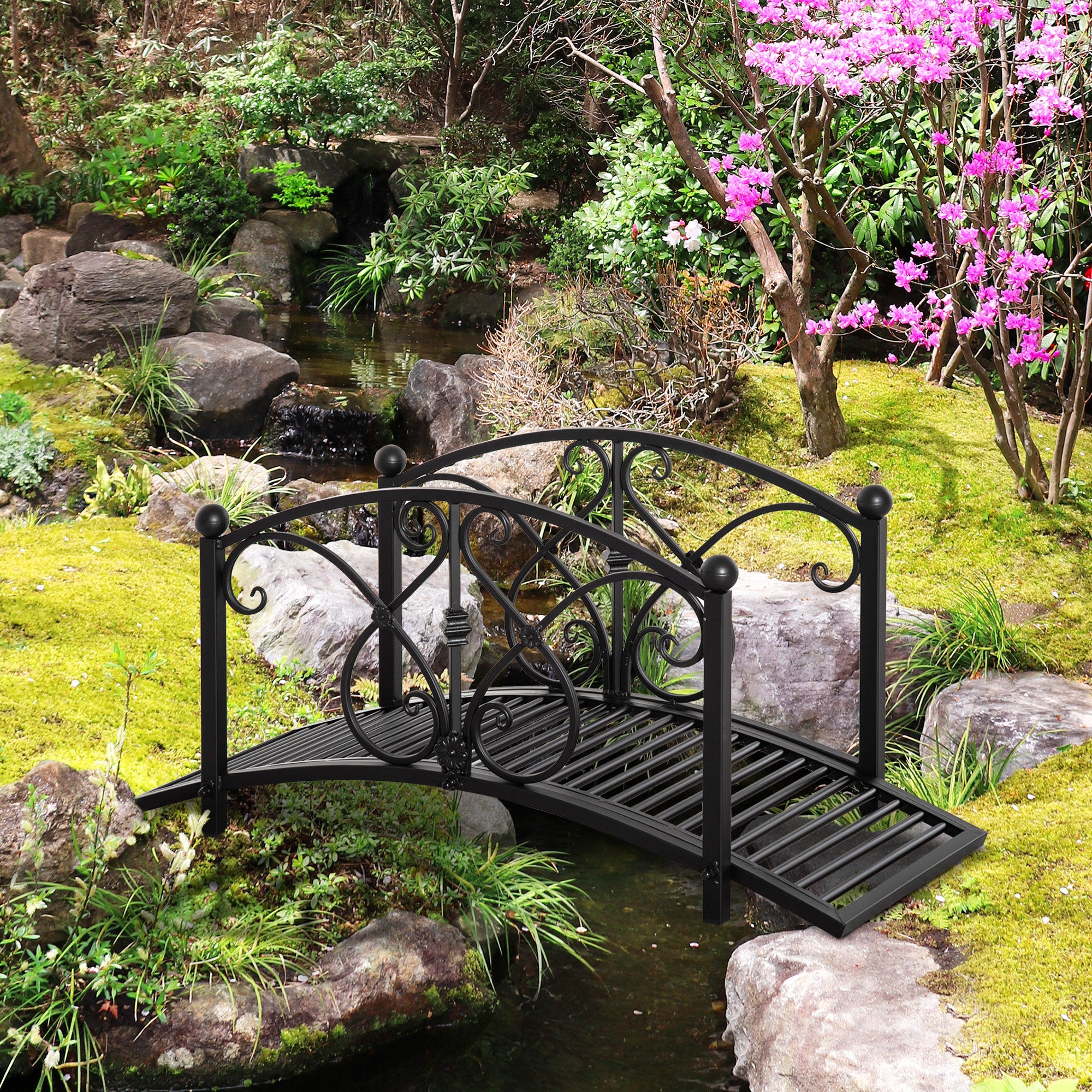 Outsunny 102L x 48W x 49H Classic Metal Garden Bridge with Safety Railings Arc Footbridge Decorative Pond Bridge for Backyard Creek Stream, Black