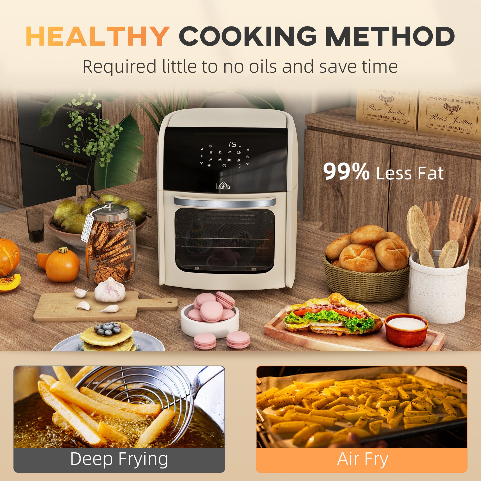 HOMCOM Digital Air Fryer with 8 Preset Modes, Rapid Air Circulation, 12L Air Fryer Oven with Memory Function, 1800W, Cream