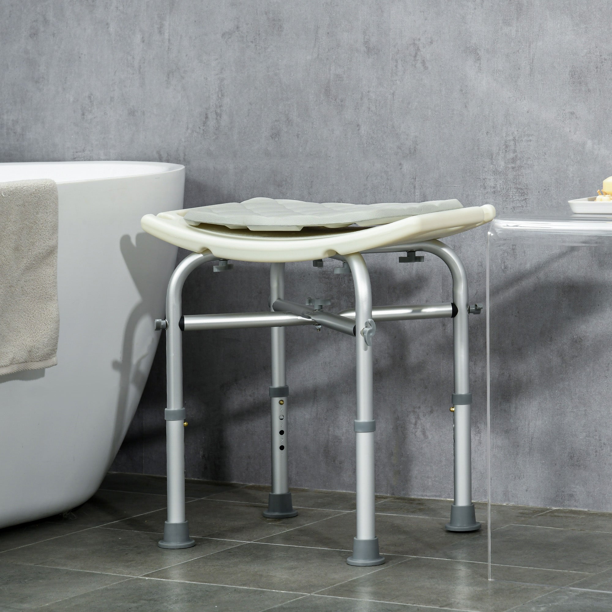 HOMCOM Aluminium Shower Stool for Elderly, Height Adjustable Shower Seat with Removable Padded Cushion, Shower Head Holder, Non-Slip Bath Stool for Seniors, Disabled, Pregnant, White - North Peak Garden Furniture
