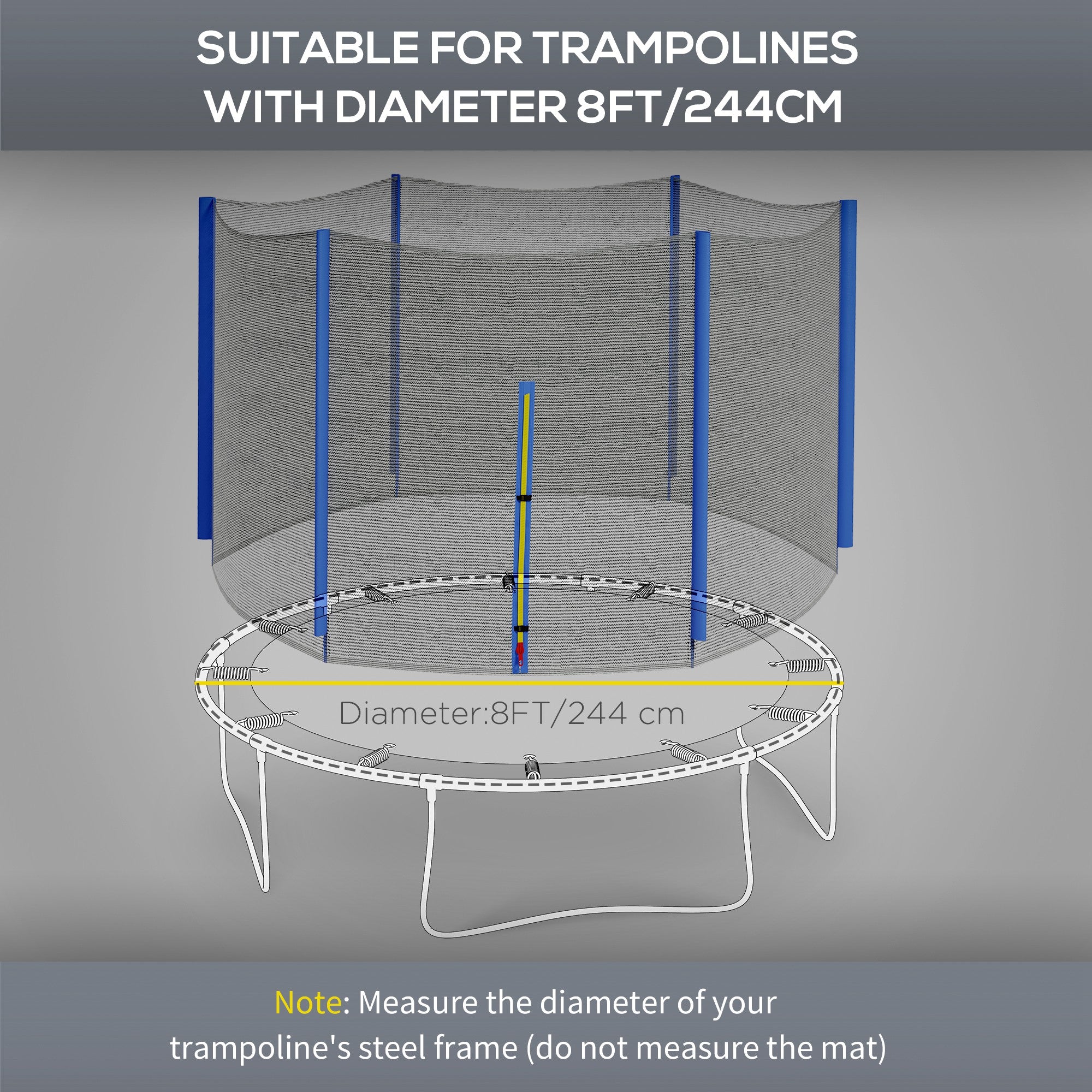 SPORTNOW 8ft Trampoline Net Replacement with 6 Plastic Pole Covers, Weather-Resistant Trampoline Netting Replacement with Zipped Entrance, Poles Not Included, Blue