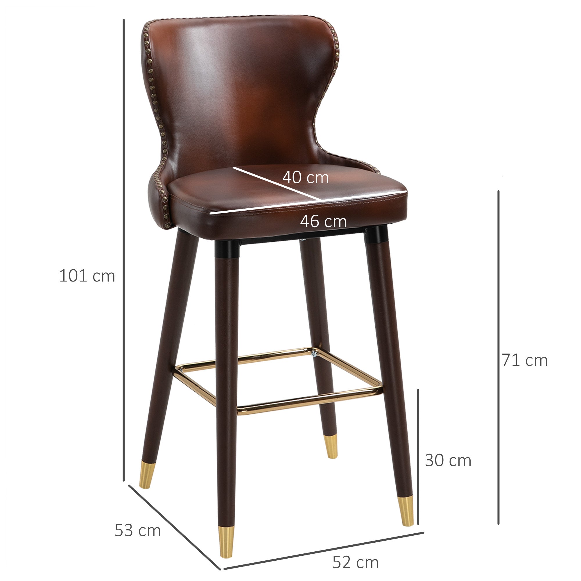 HOMCOM Bar Stools Set of 2, PU Leather Vintage Counter-Height Bar Chair, Luxury European Style Kitchen Stools with Back, Brown - North Peak Garden Furniture