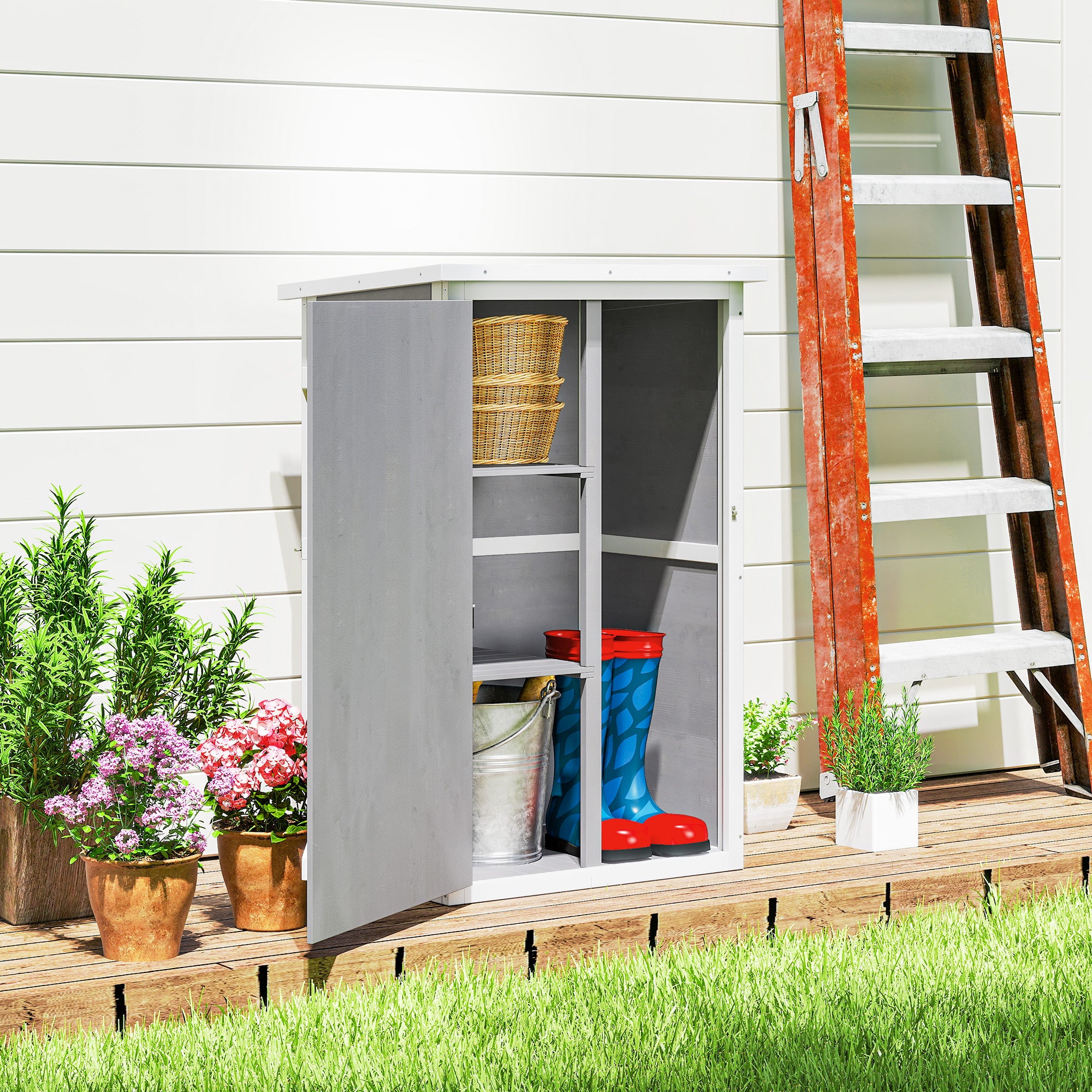 Outsunny Garden Shed Wooden Garden Storage Shed Fir Wood Tool Cabinet Organiser with Shelves 75L x 56W x115Hcm Grey