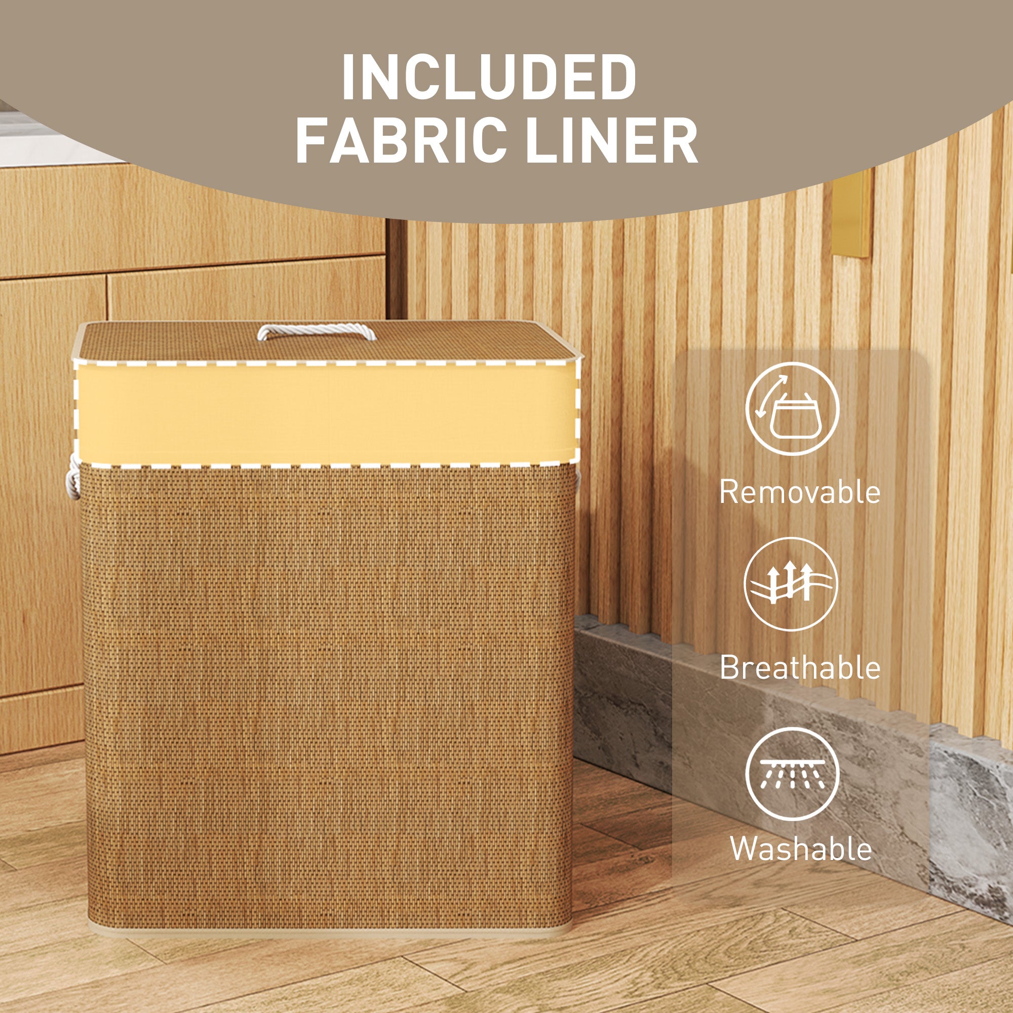 HOMCOM Double Laundry Basket with Lid, 100L Bamboo Laundry Hamper with Rope Handles, Washing Basket with Removable Liner for Bathroom, Bedroom, Brown - North Peak Garden Furniture
