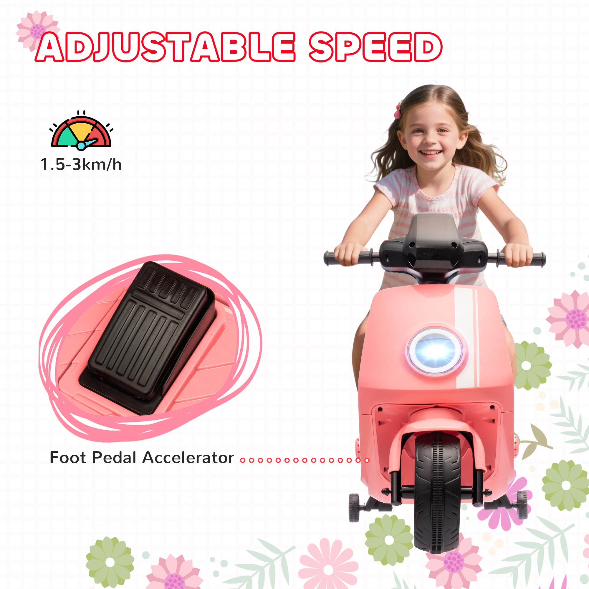 AIYAPLAY 6V Ride on Motorbike Kids Electric Motorbike w/ Headlight Music, Training Wheels, for Ages 18-36 Months - Pink - North Peak Garden Furniture