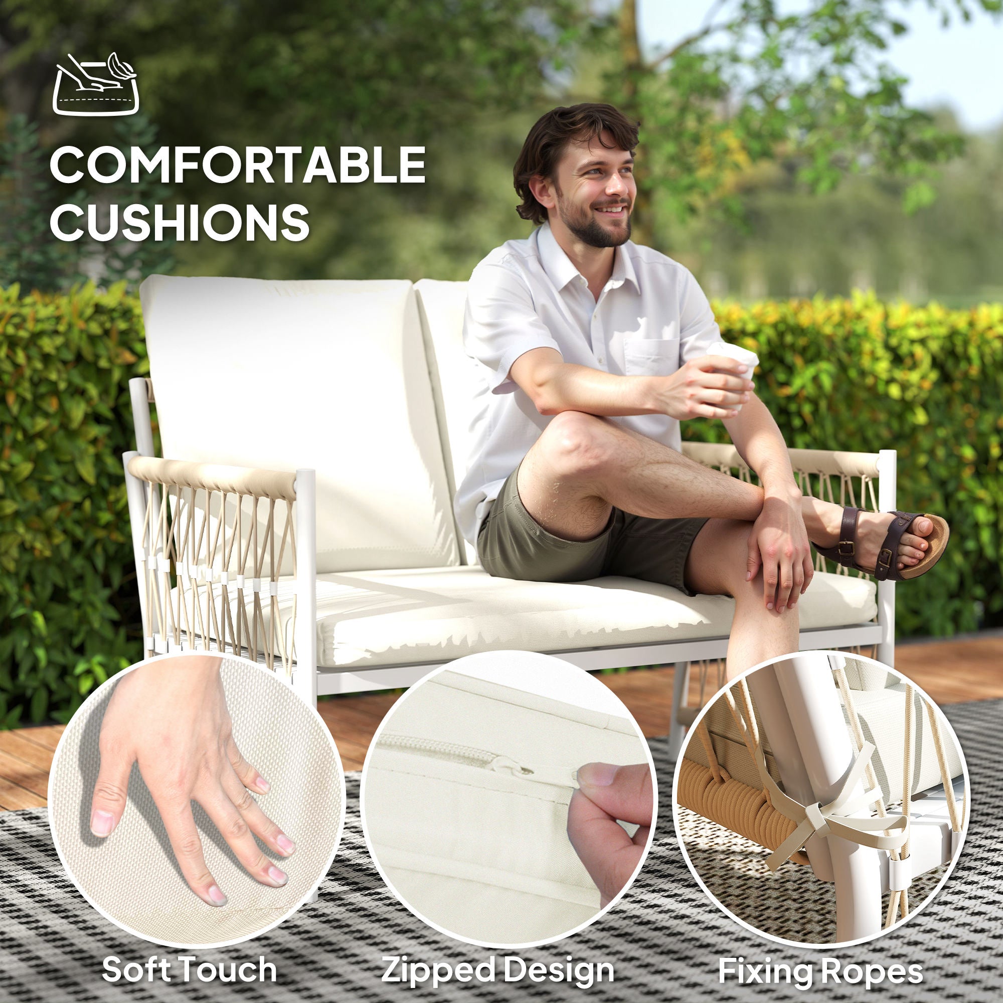 Outsunny 4 Piece Rattan Garden Furniture Set, 4 Seater Wicker Patio Conversation Set with 2 Armchairs, Loveseat, Glass Top Coffee Table and Cushions for Outdoor, Balcony, Khaki - North Peak Garden Furniture