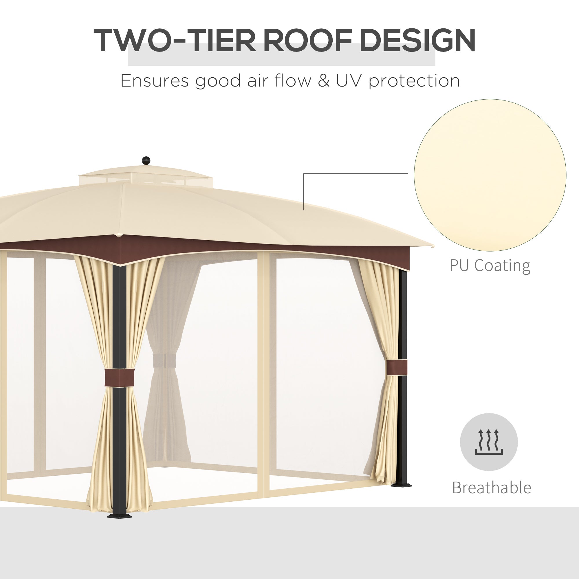 Outsunny 4 x 3(m) Patio Metal Gazebo, Garden Canopy Shelter with Double Tier Roof, Removable Netting and Curtains Marquee Tent, Khaki