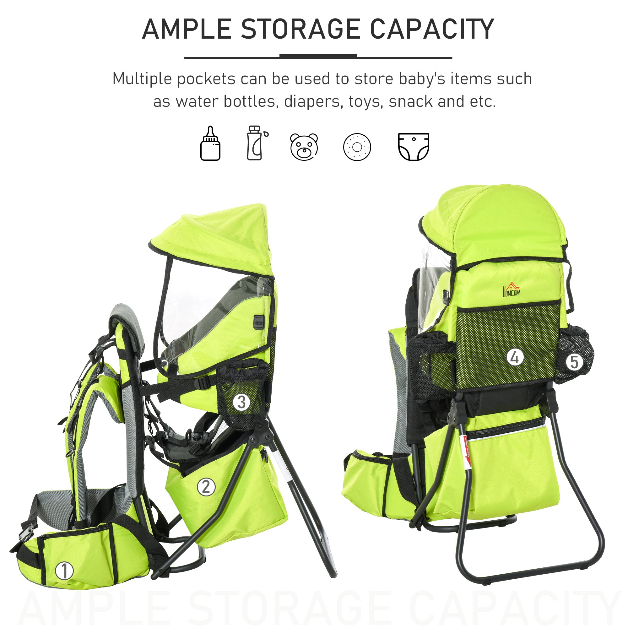 HOMCOM Baby Hiking Backpack Carrier Child Carrier with Ergonomic Hip Seat Detachable Rain Cover Adjustable Straps Stand for Toddler 6 - 36 Months Green