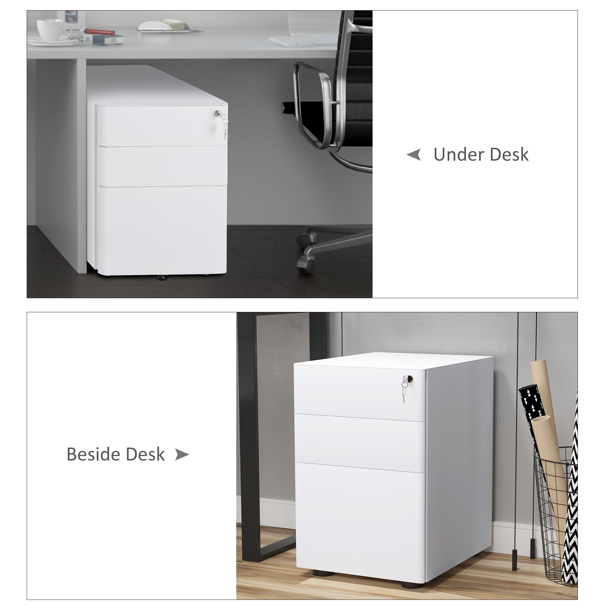 Vinsetto Lockable Cabinet, Rolling Filing Cabinet with 3 Drawers, Steel Office Drawer Unit for A4, Letter, Legal Sized Files - North Peak Garden Furniture