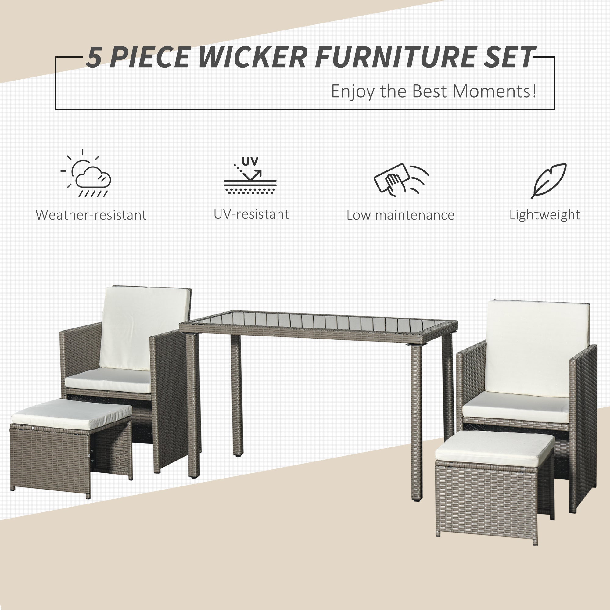 Outsunny 2 Seater Rattan Cube Garden Furniture Set, Rattan Dining Set with Cushions, Outdoor Dining Table and Chairs with 2 Armchairs, 2 Stools, Rectangular Glass Top Table for Patio, Balcony, Grey - North Peak Garden Furniture