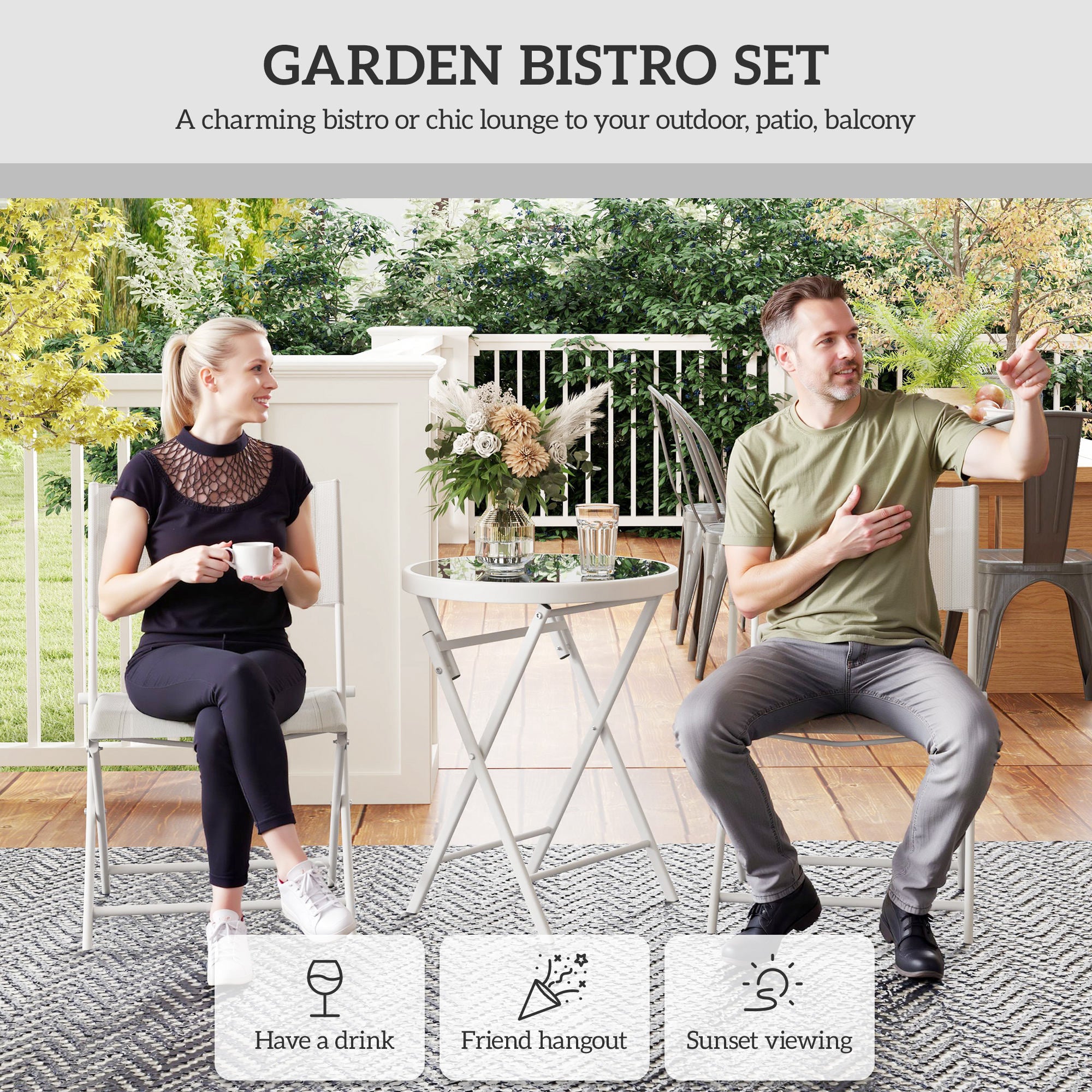 Outsunny 3 Pieces Outdoor Bistro Set, Glass Top Outdoor Table and 2 Folding Chairs with Protecting Feet, White - North Peak Garden Furniture