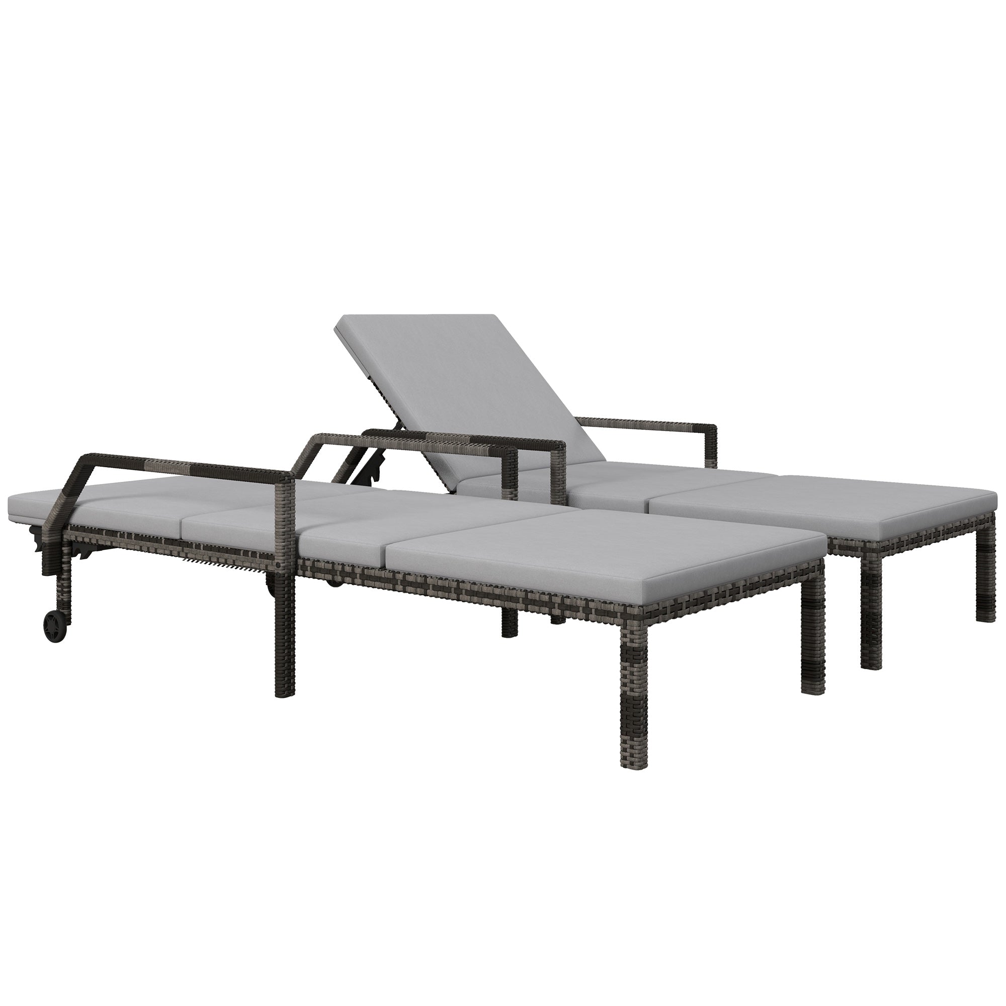 Outsunny Outdoor PE Rattan Sun Lounger Set of 2, Wicker Chaise Recliner Garden Chair with 5-Level Adjustable Backrest and 2 Wheels, Grey - North Peak Garden Furniture