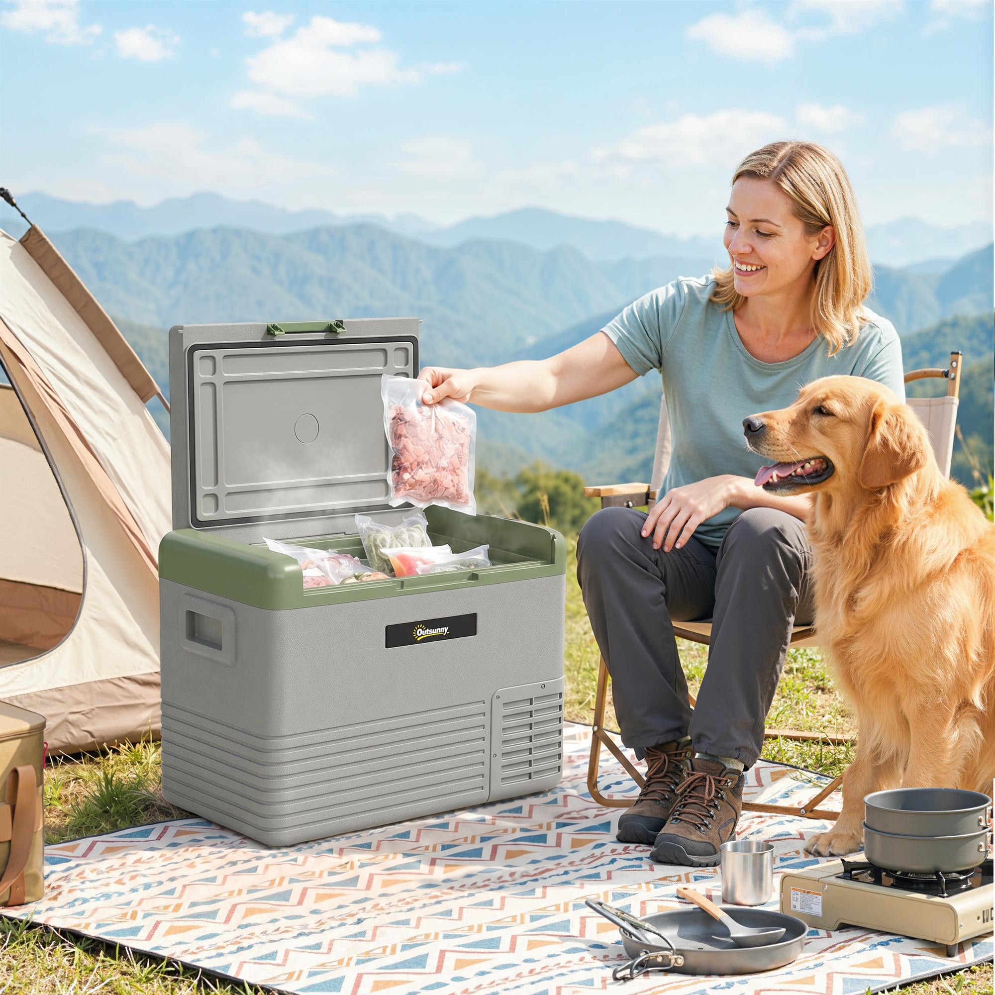 Outsunny 40L Portable Car Refrigerator - Light Green and Grey