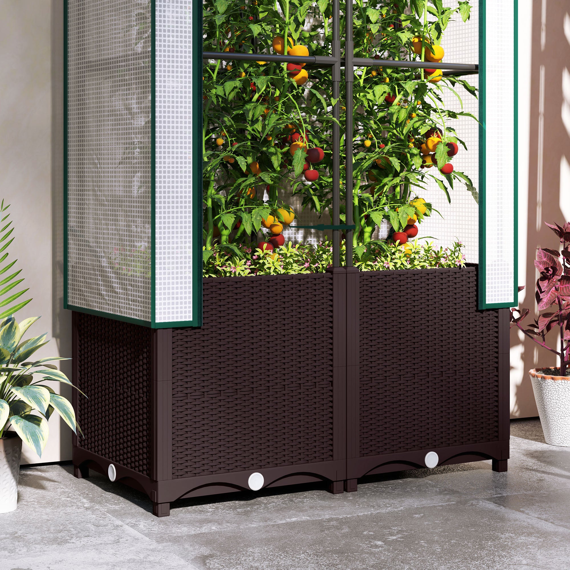 Outsunny Raised Garden Bed with Trellis, Plastic Planter Box with PE Cover, Drainage Holes and Drain Plugs for Climbing Plants, Vegetables, Flowers, 80 x 40 x 140 cm - North Peak Garden Furniture