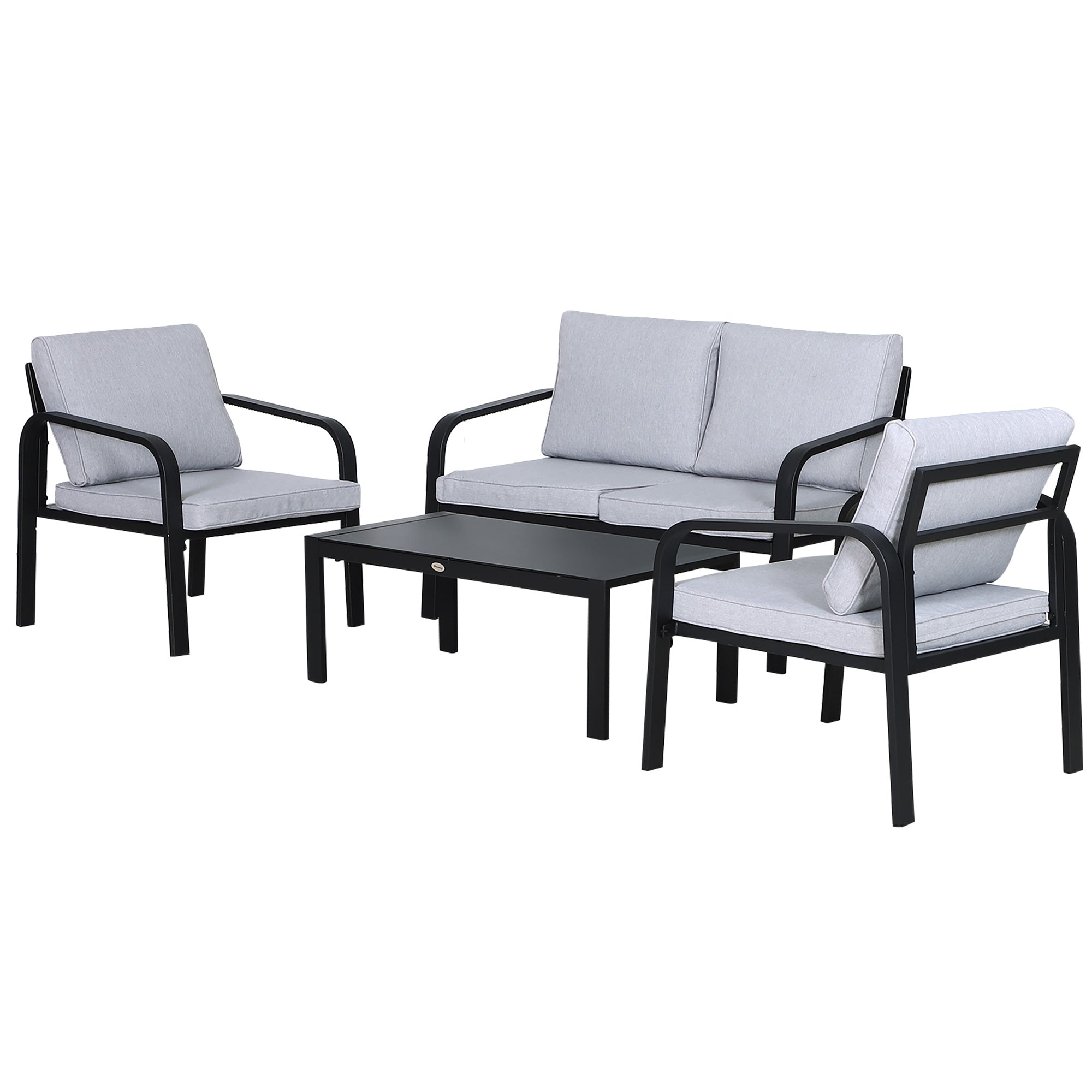 Outsunny 4pcs Garden Sofa Set 2 Single Armchair, 1 Bench & 1 Coffee Table Set Aluminum Frame Patio Furniture with Cushions, Black - North Peak Garden Furniture