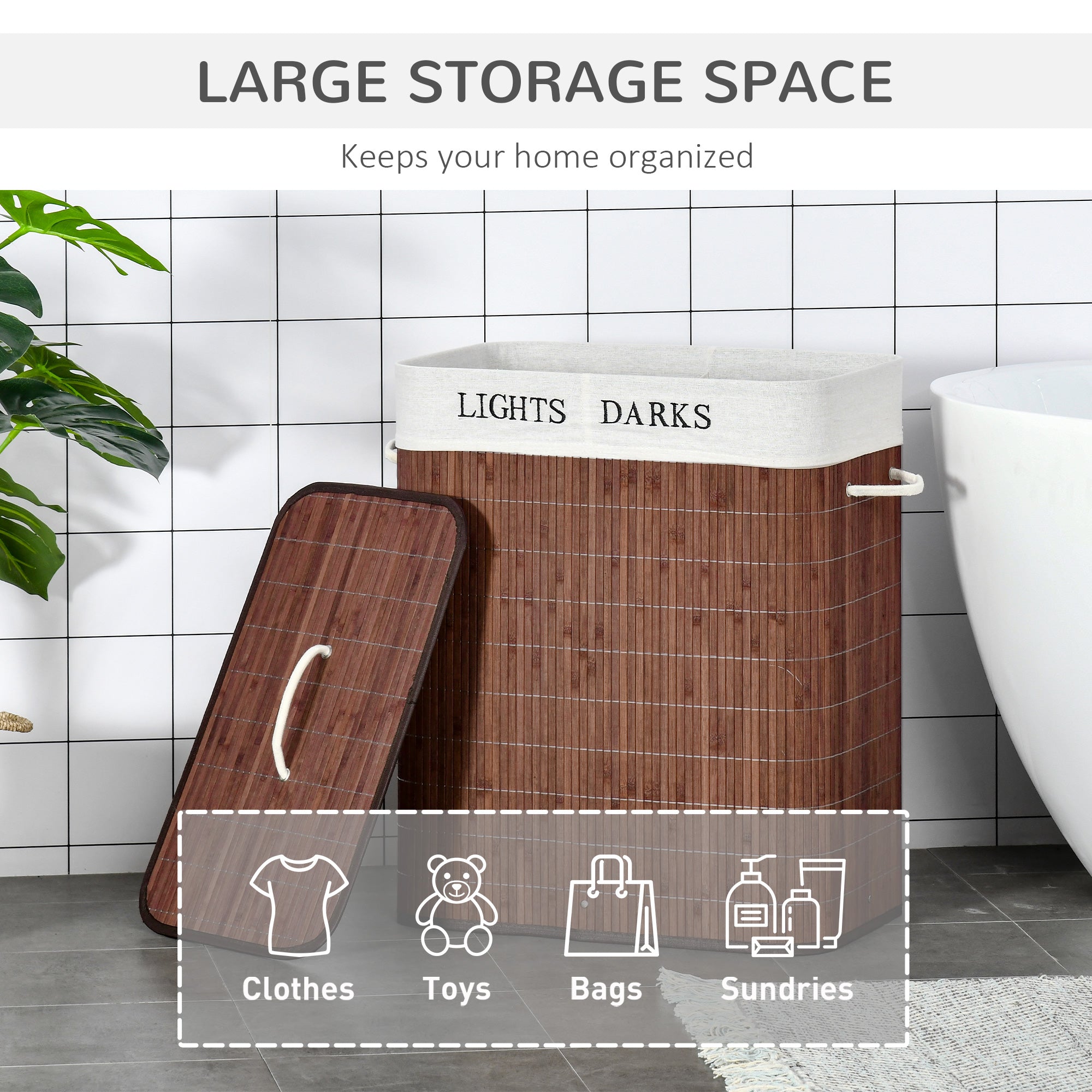 HOMCOM 100L Laundry Basket with Lid String Handles, 2 Section Collapsible Hamper Removable Lining Foldable Water-Resistant Dirty Clothes Storage, Brown - North Peak Garden Furniture