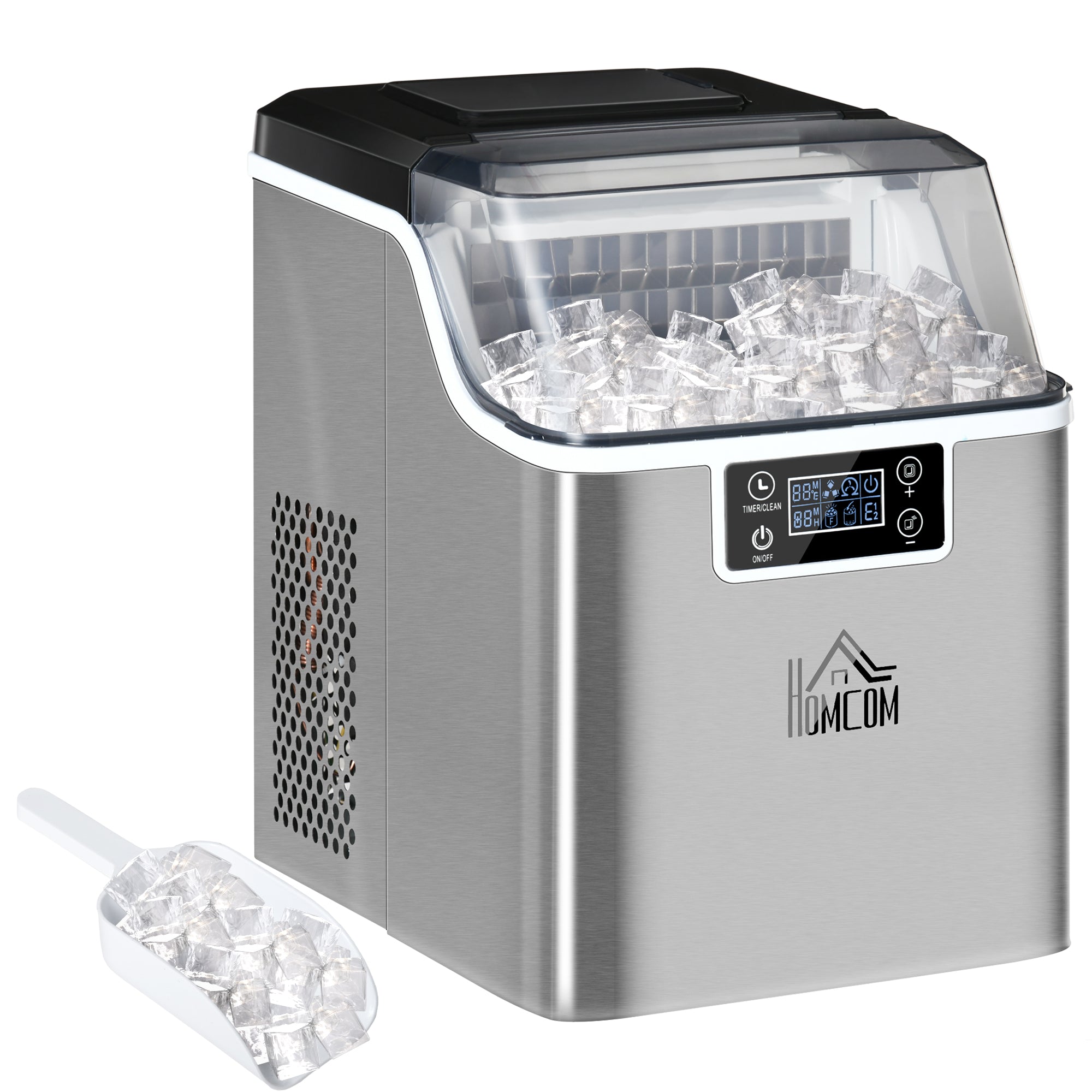HOMCOM 3.2L Compact Ice Machine, with LCD Screen and Accessories - Silver-Tone - North Peak Garden Furniture