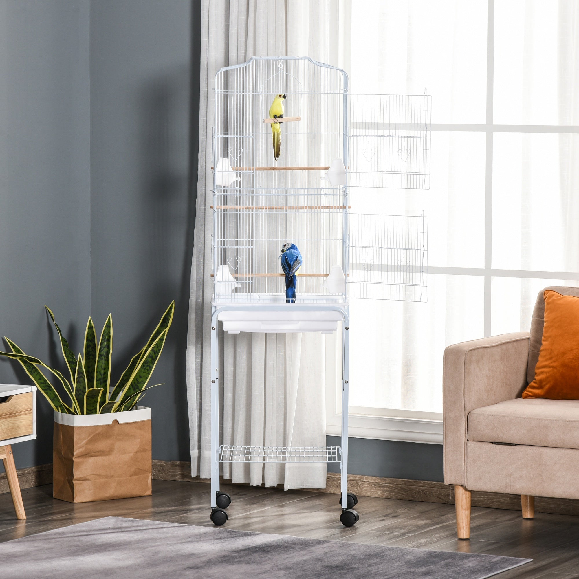 PawHut Bird Cage Budgie Cages for Finch Canary Parakeet with Stand Wheels Slide-out Tray Accessories Storage Shelf, White 46.5 x 36 x 157 cm - North Peak Garden Furniture