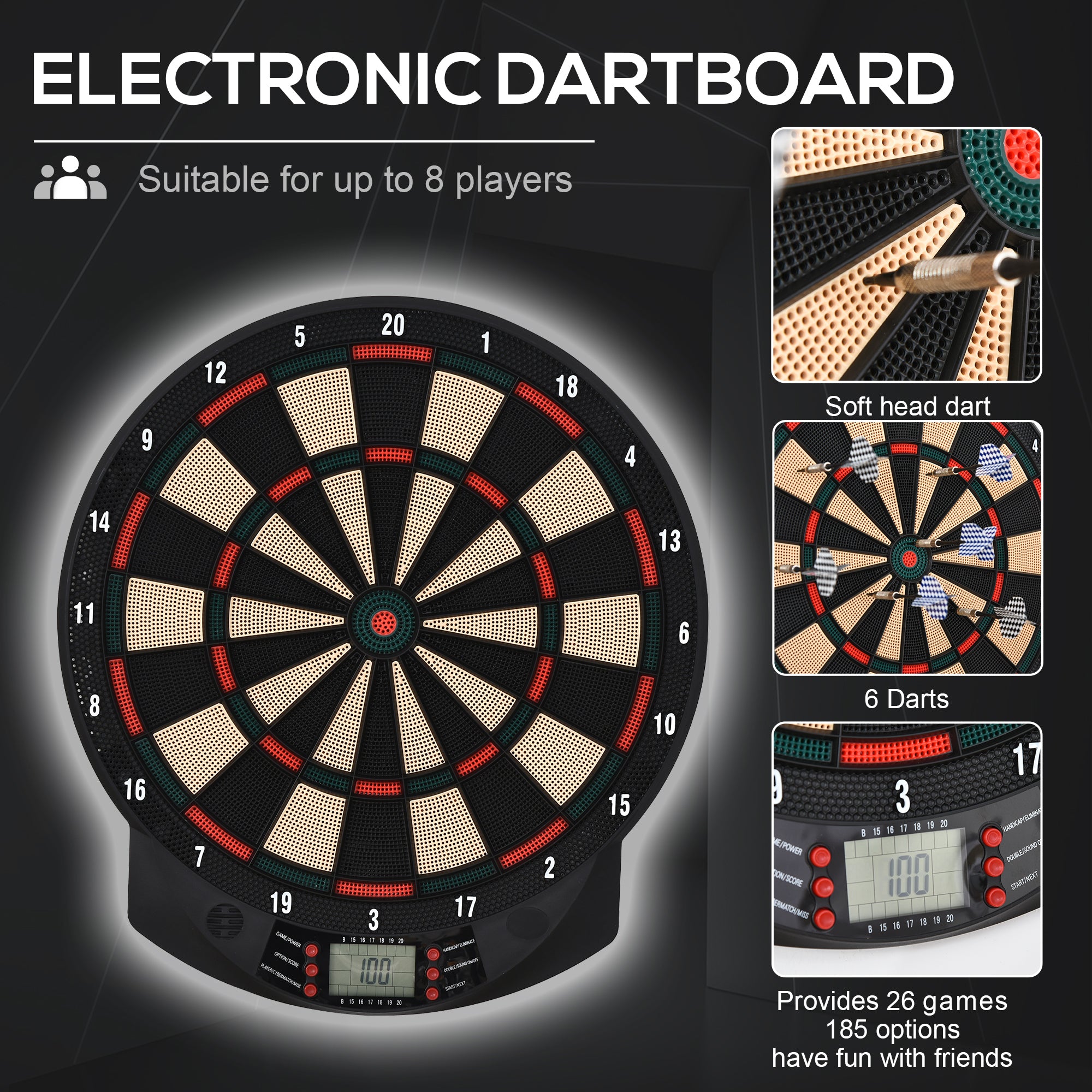 HOMCOM LCD Electronic Dartboard Set Features 26 Games w/ 185 Variations and Include 6 Darts Multi-Game Option Ready-to-Play