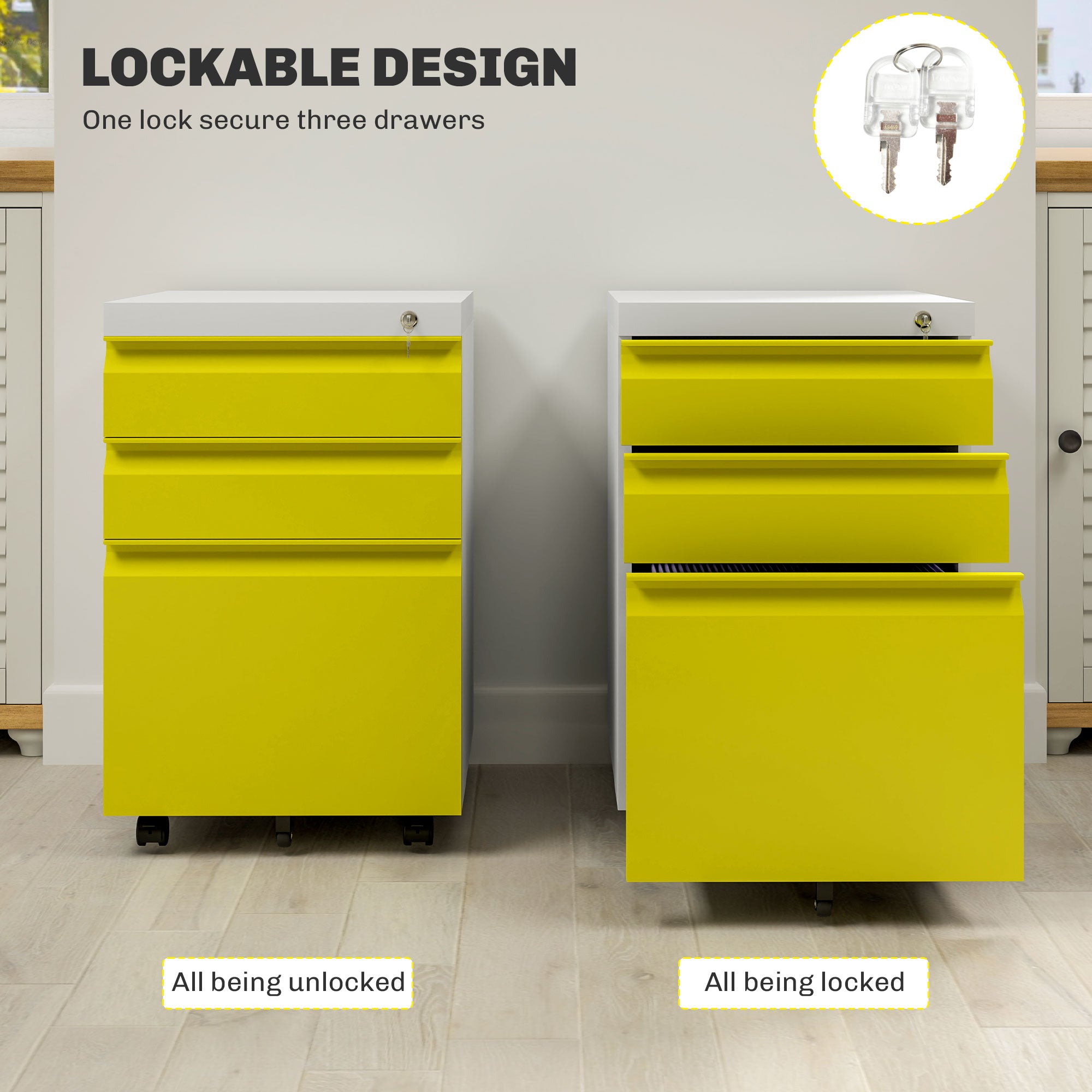 Vinsetto 3 Drawer Filling Cabinet, Mobile Metal File Cabinet with Anti-tilt Design for Letter, A4, Legal Size, Yellow - North Peak Garden Furniture