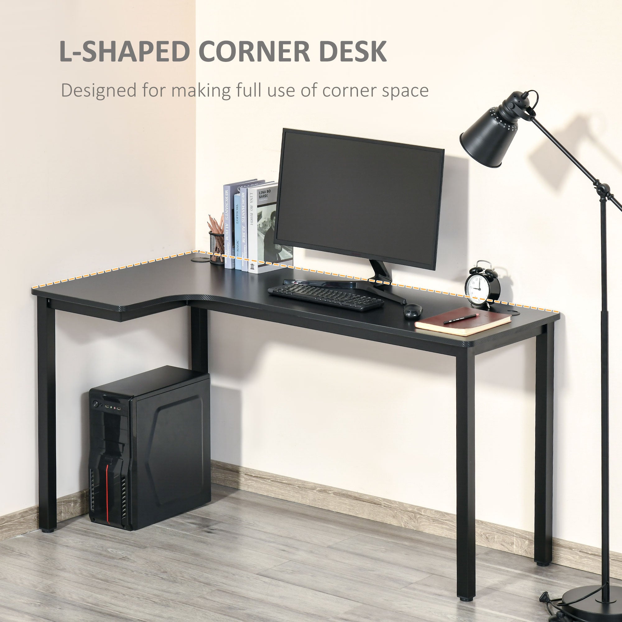 HOMCOM L-Shaped Gaming Desk, Computer Corner Desk, Home Office Workstation with Cable Management, 145 x 81 x 76cm, Black, Left